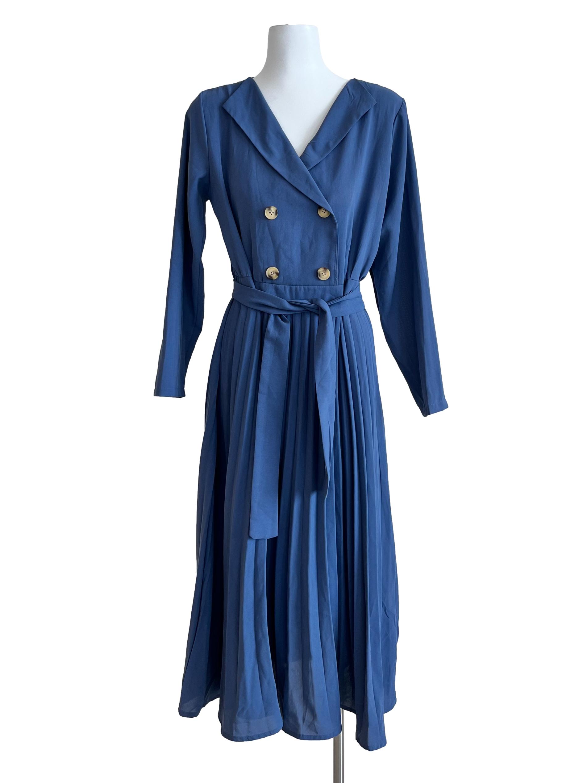 Blue Plain Long Sleeve Dress