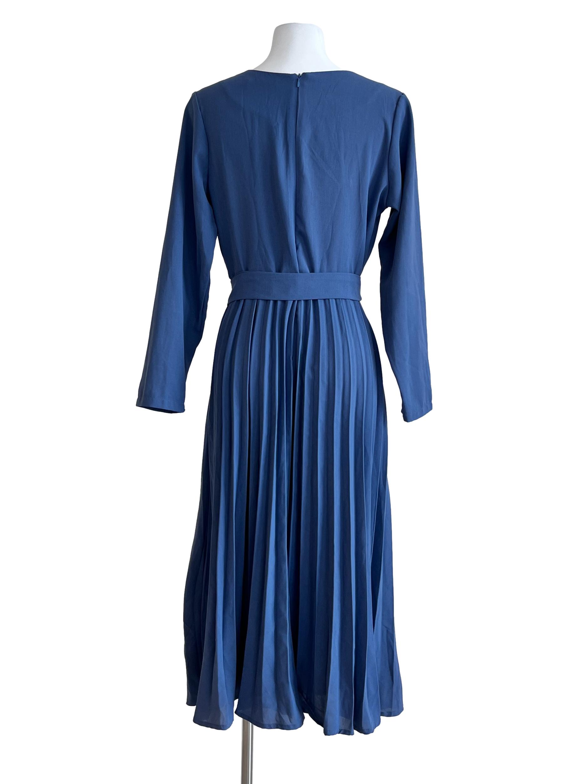 Blue Plain Long Sleeve Dress