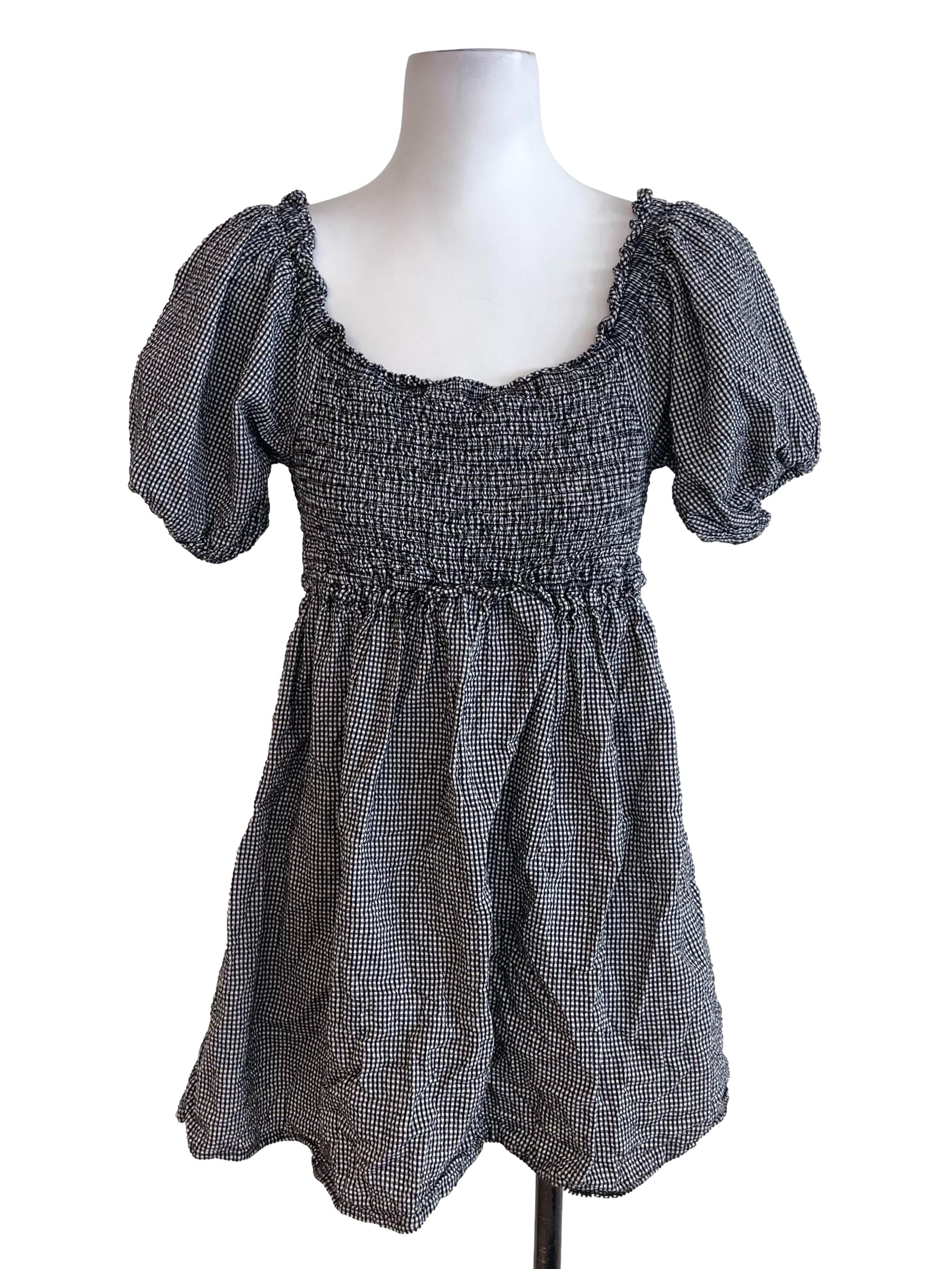 Black Gingham Puff Sleeves Dress