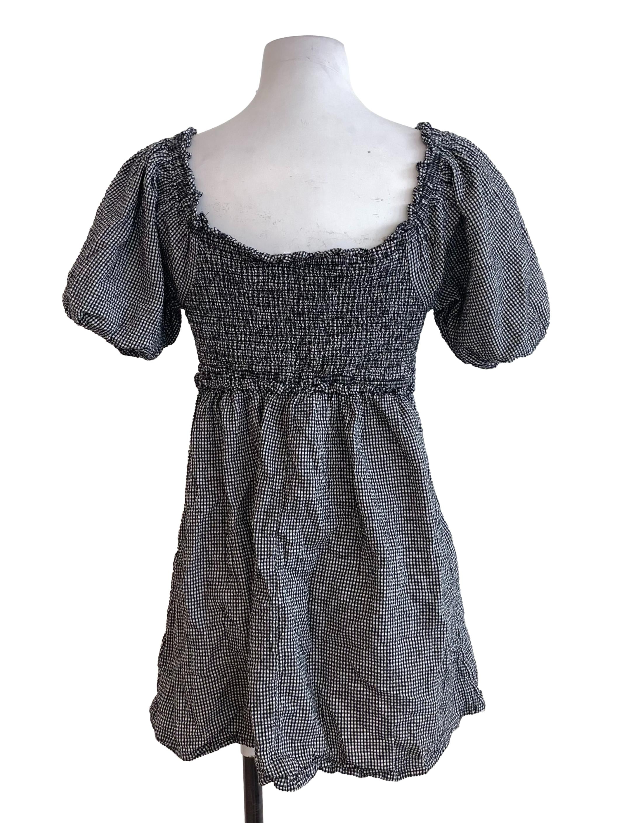 Black Gingham Puff Sleeves Dress