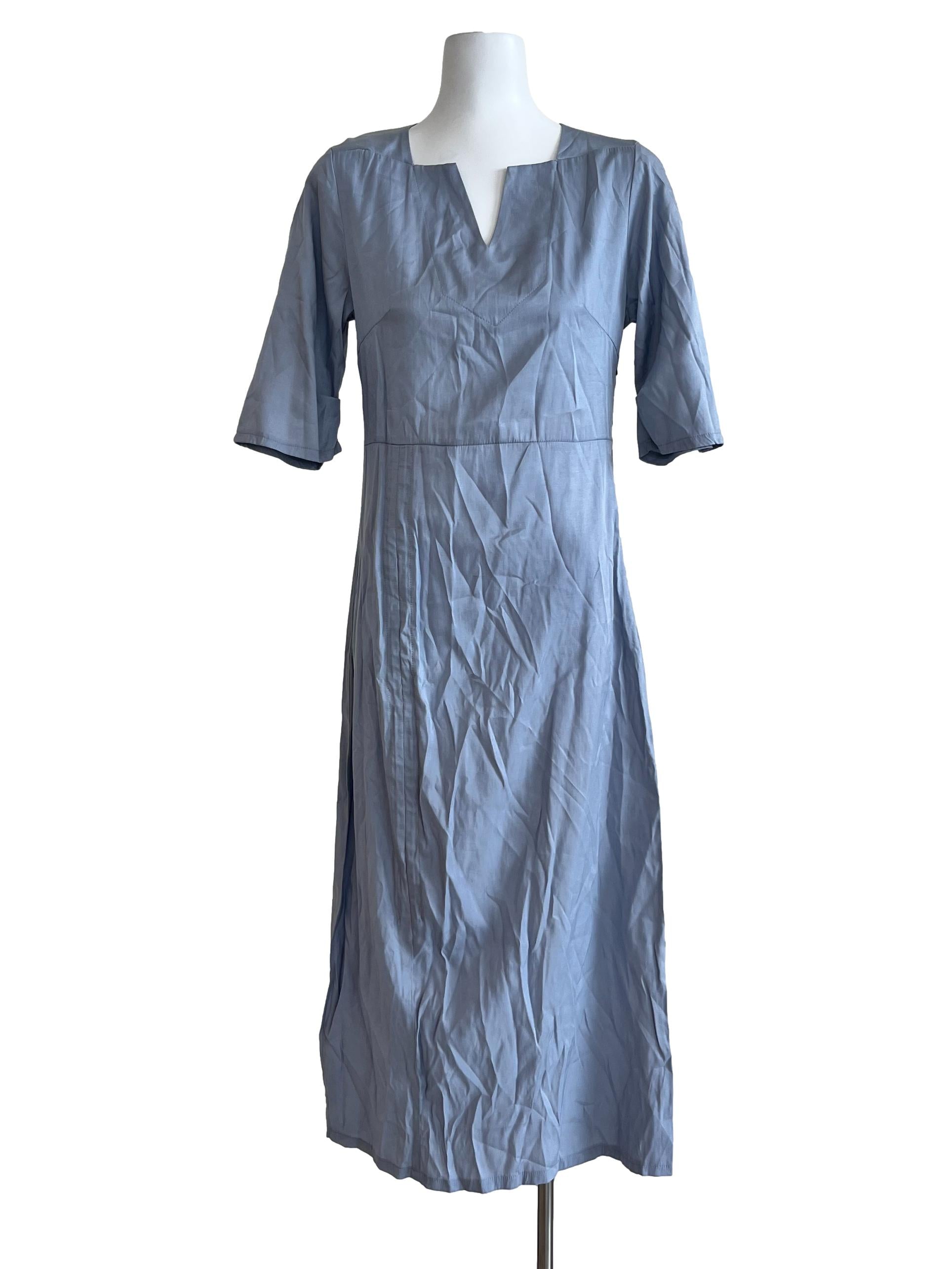 Blue Plain Short Sleeve Long Dress
