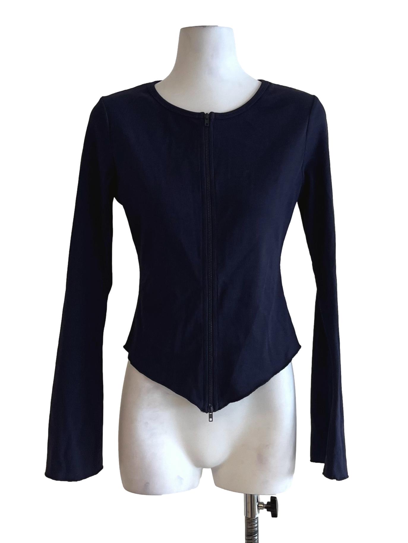 Navy Blue Jewel Neckline Zip-Up Jacket