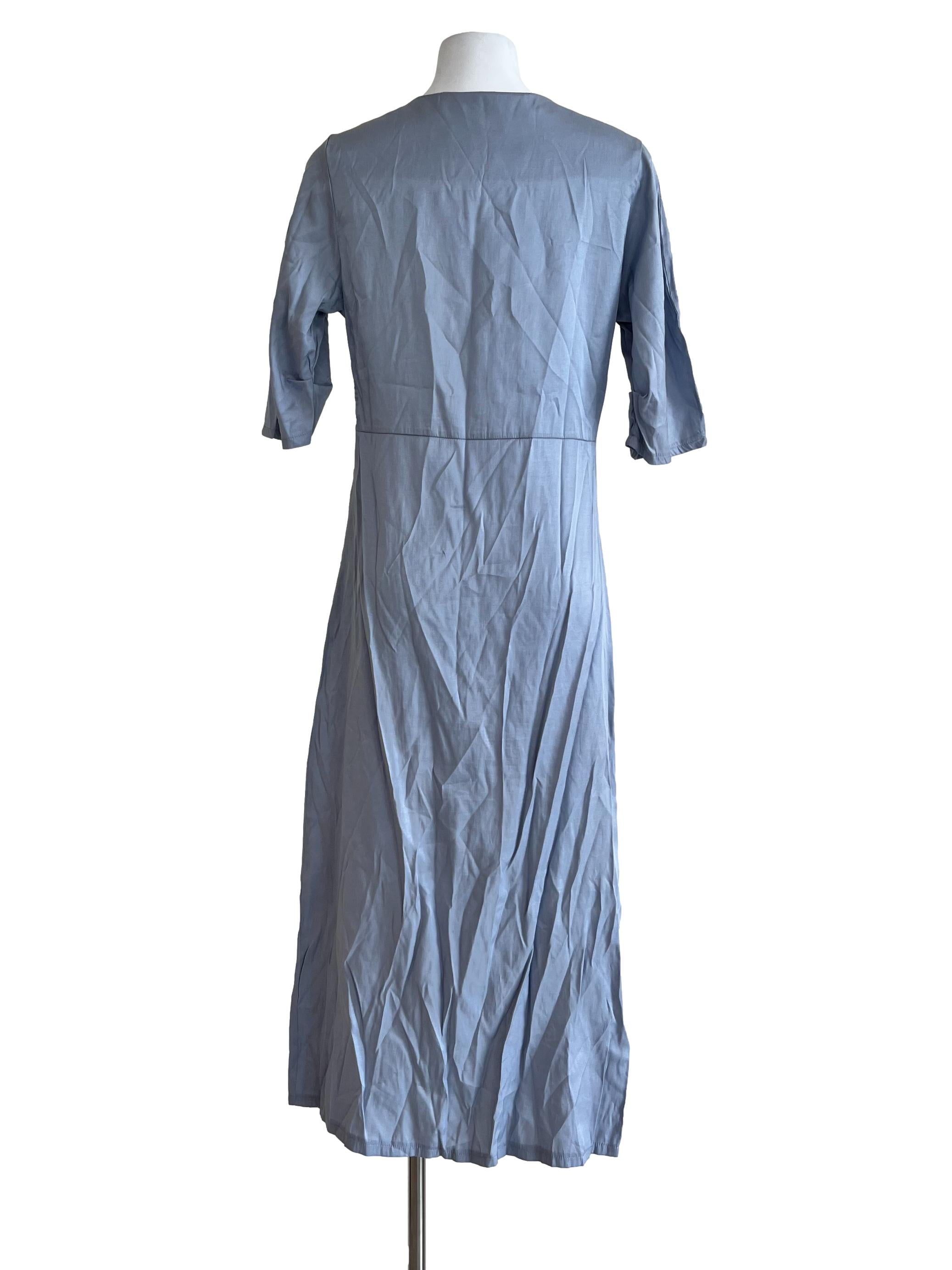 Blue Plain Short Sleeve Long Dress