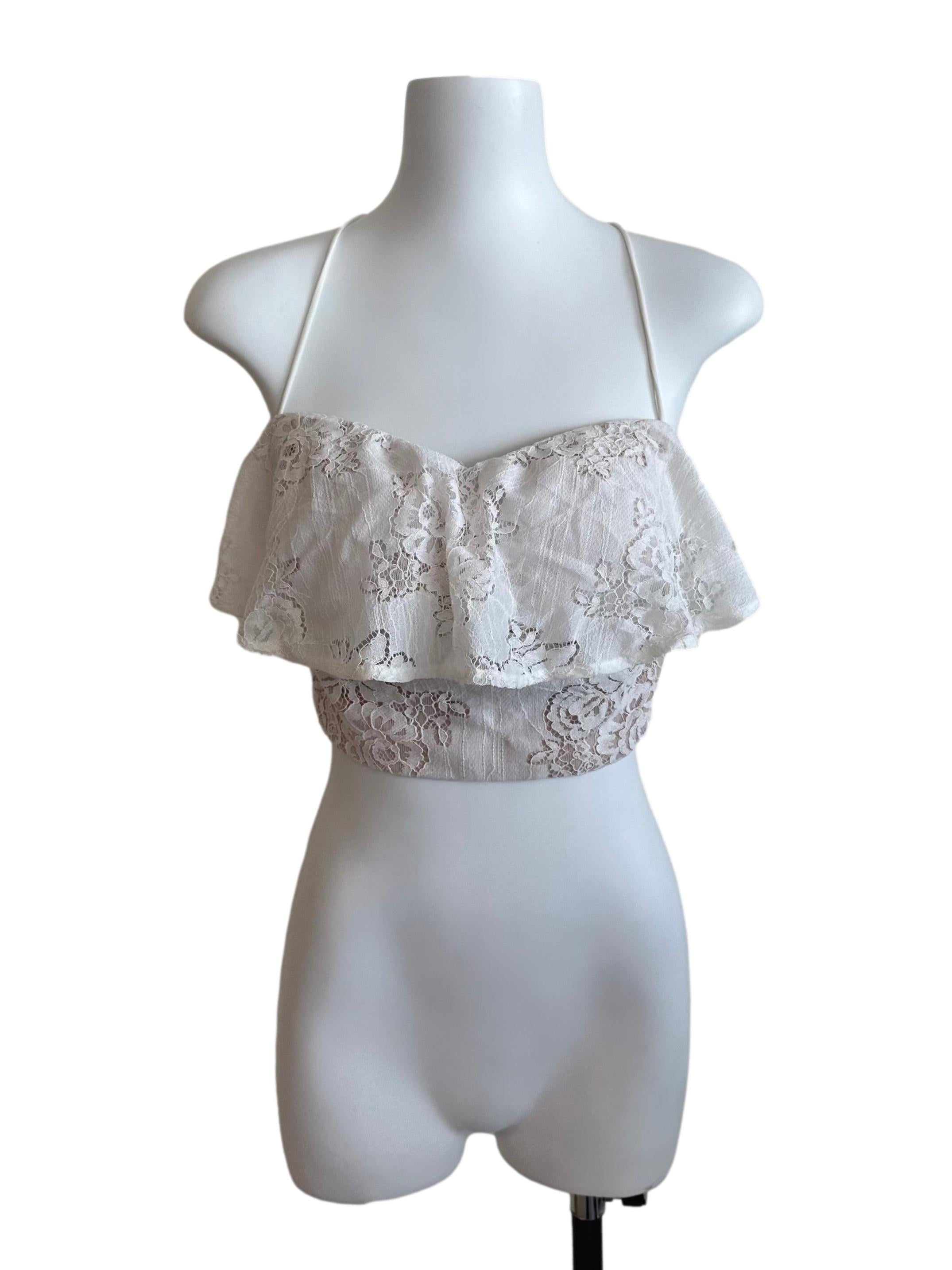 White Beige Lace Layered Back Overlap Top
