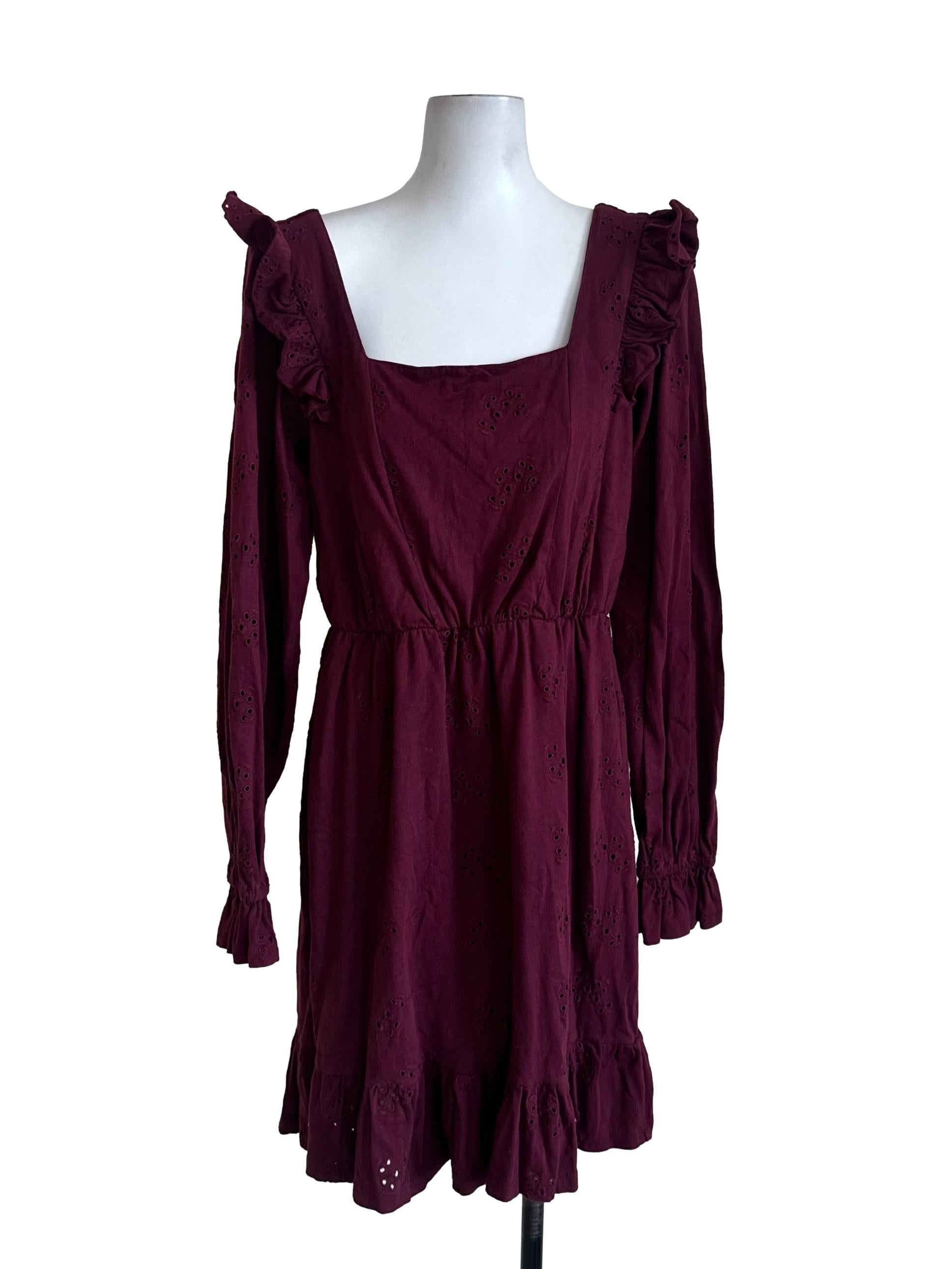 Burgundy Red Square Neck Eyelet Embroidery Ruffle Dress