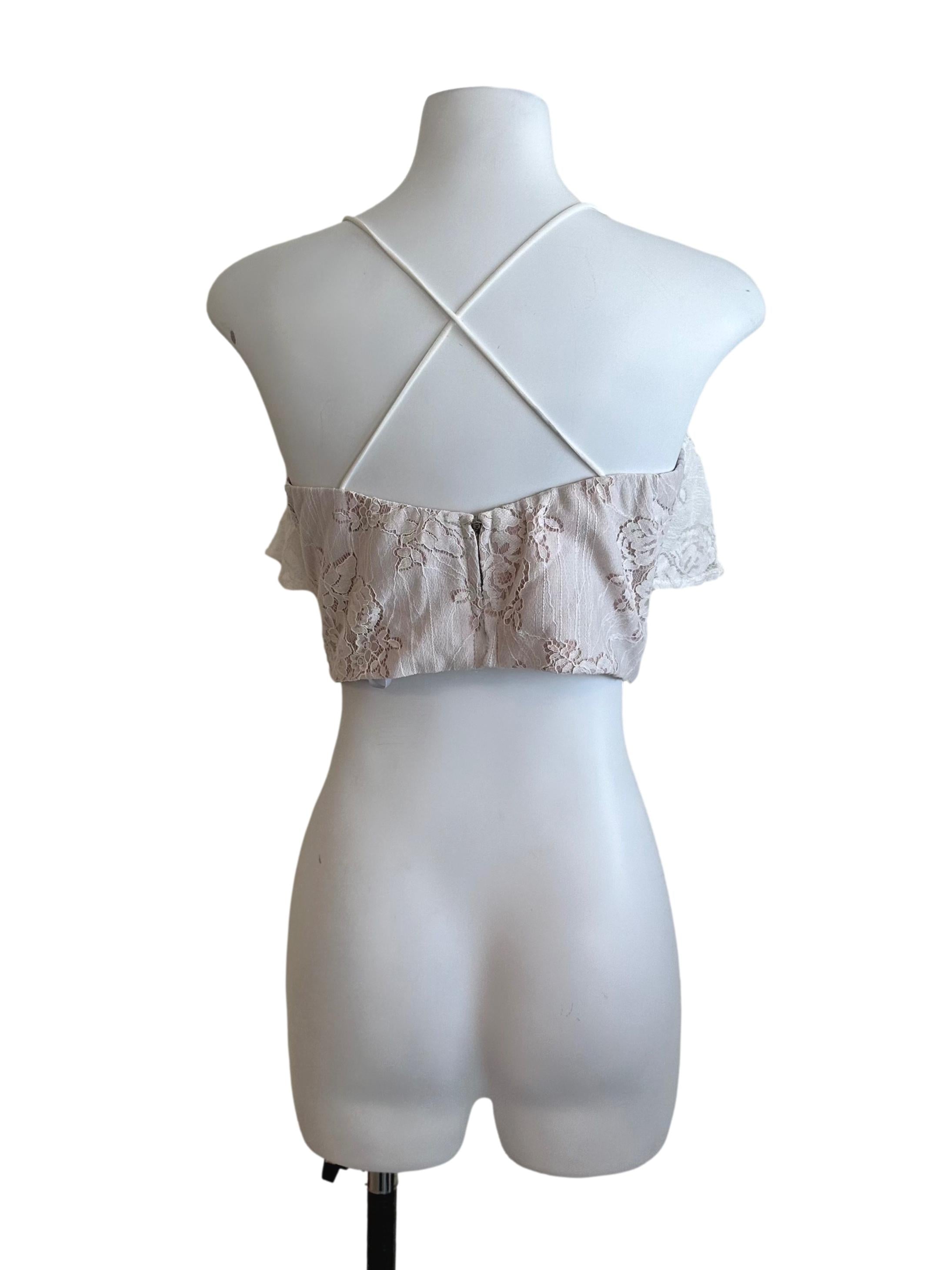 White Beige Lace Layered Back Overlap Top