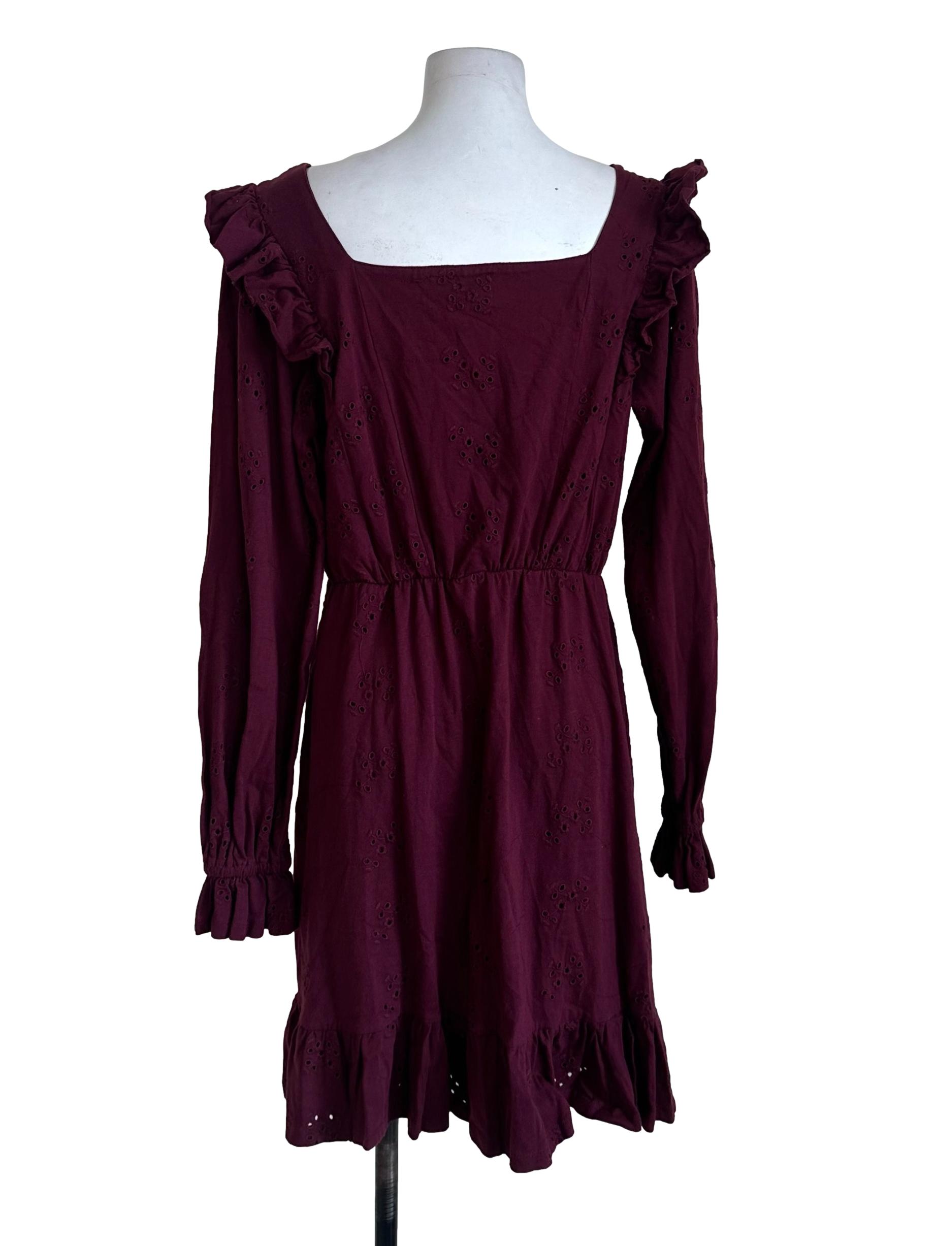 Burgundy Red Square Neck Eyelet Embroidery Ruffle Dress