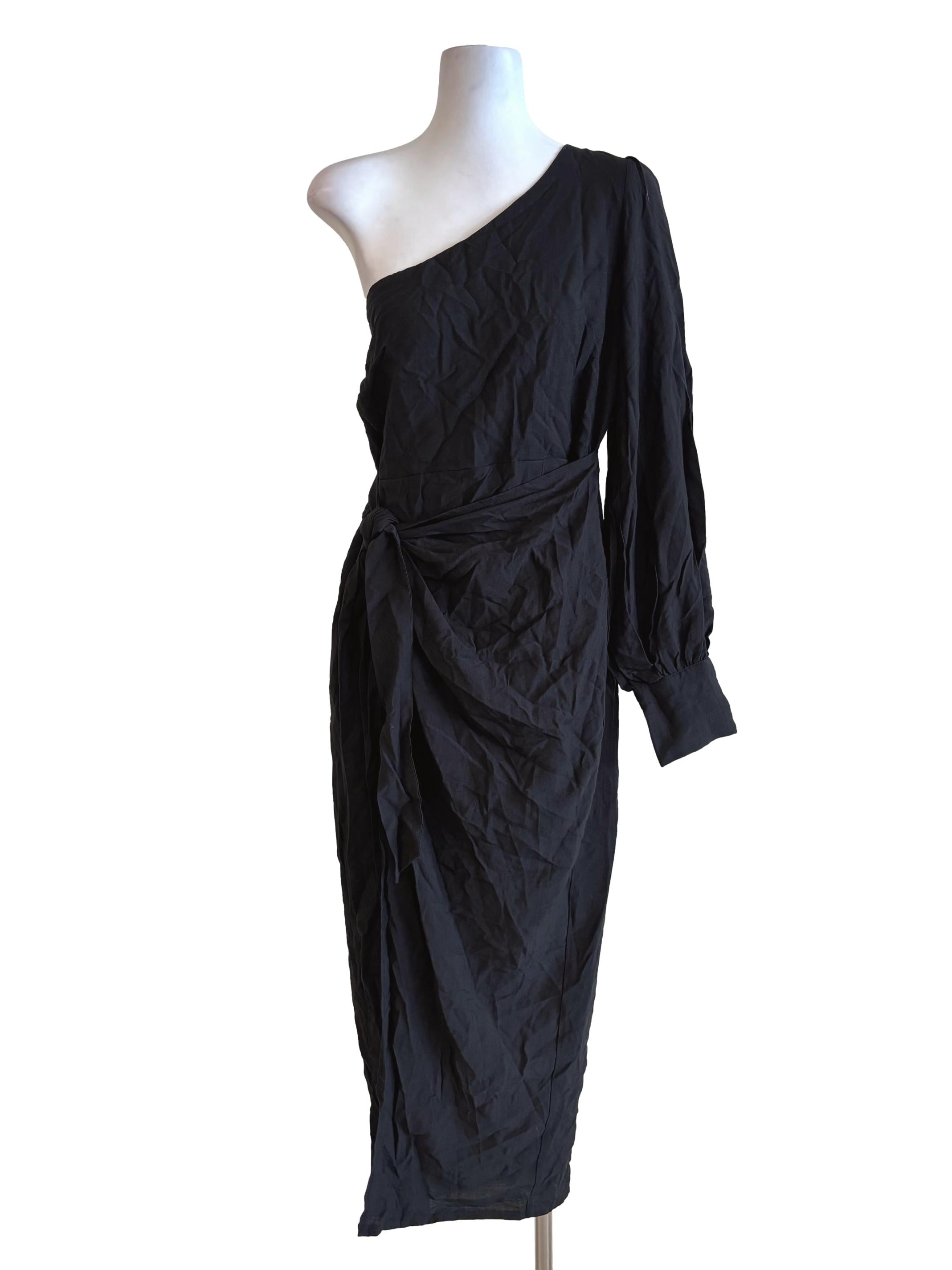 Onyx Black Asymmetrical Linen Pencil Dress
