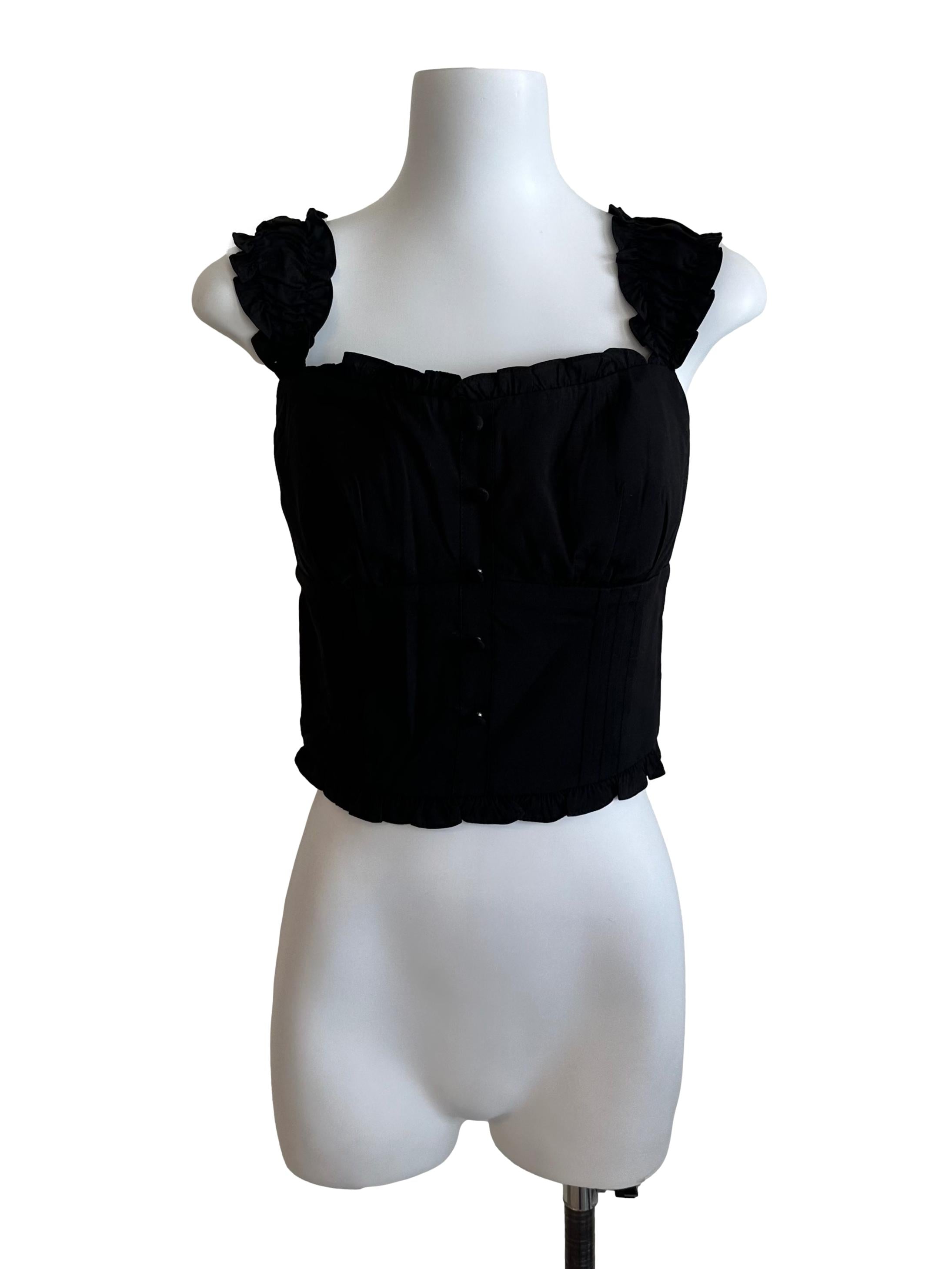 Rich Black Ruffle Pleated Button Fitted Top