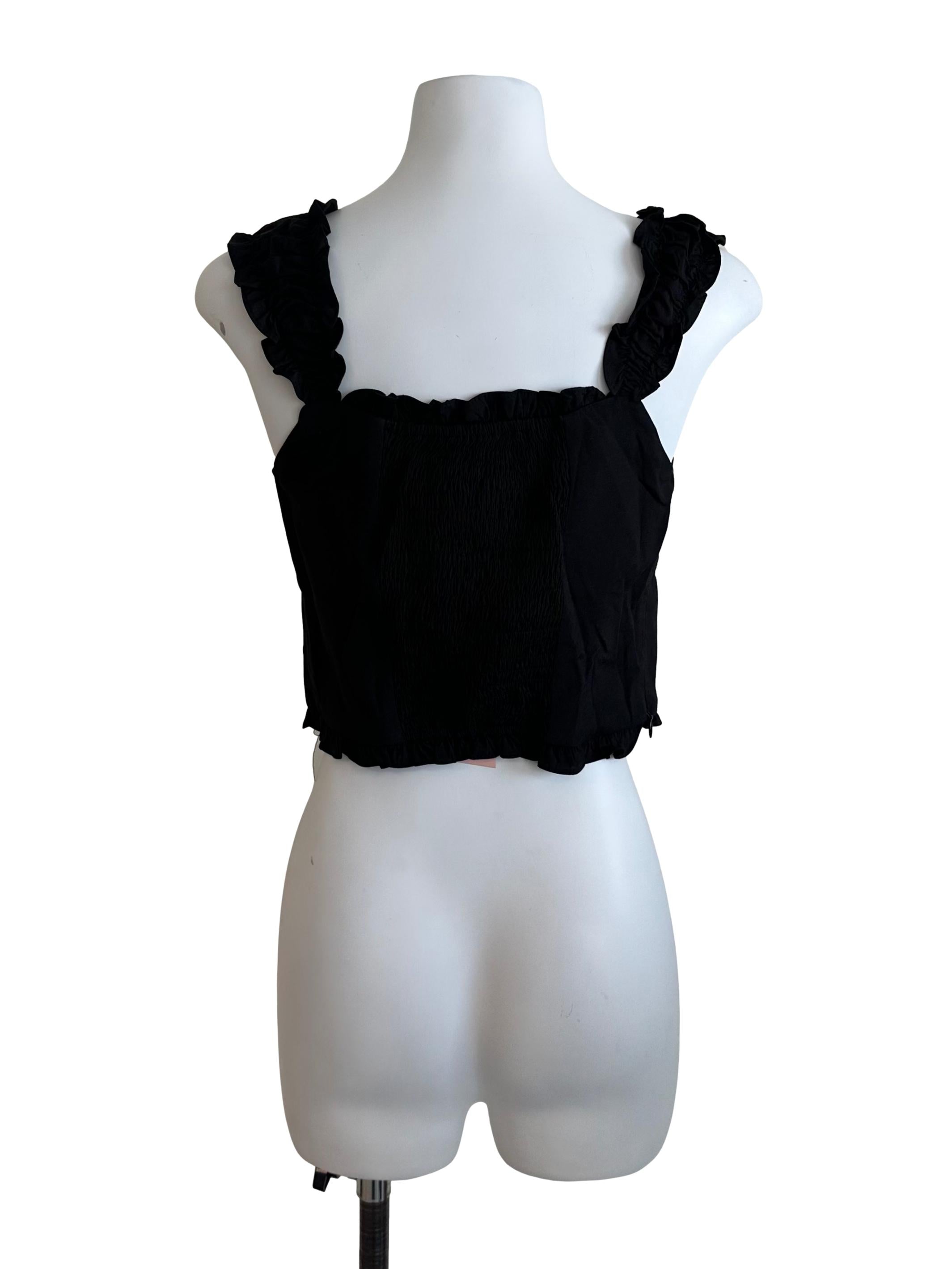 Rich Black Ruffle Pleated Button Fitted Top