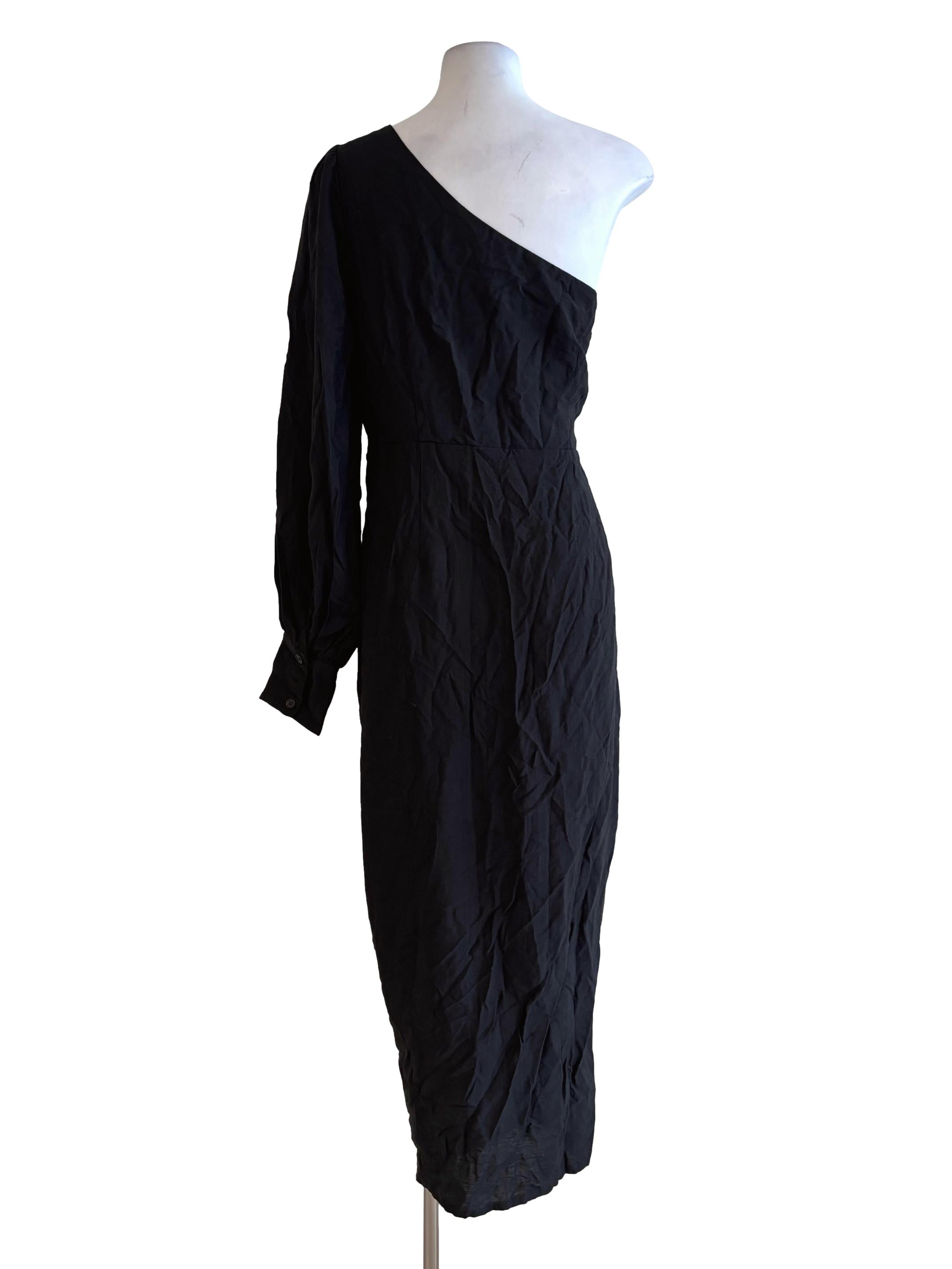 Onyx Black Asymmetrical Linen Pencil Dress