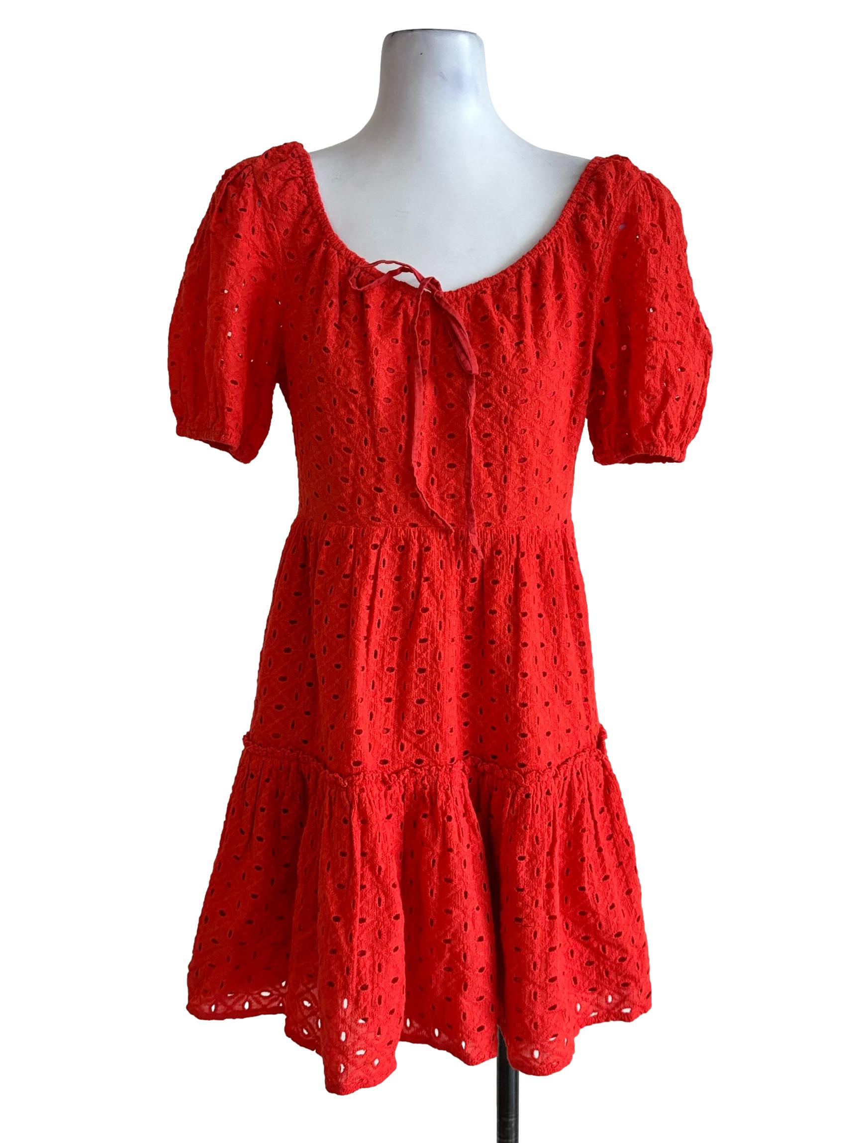 Candy Red Embroidery Pattern Mini Dress