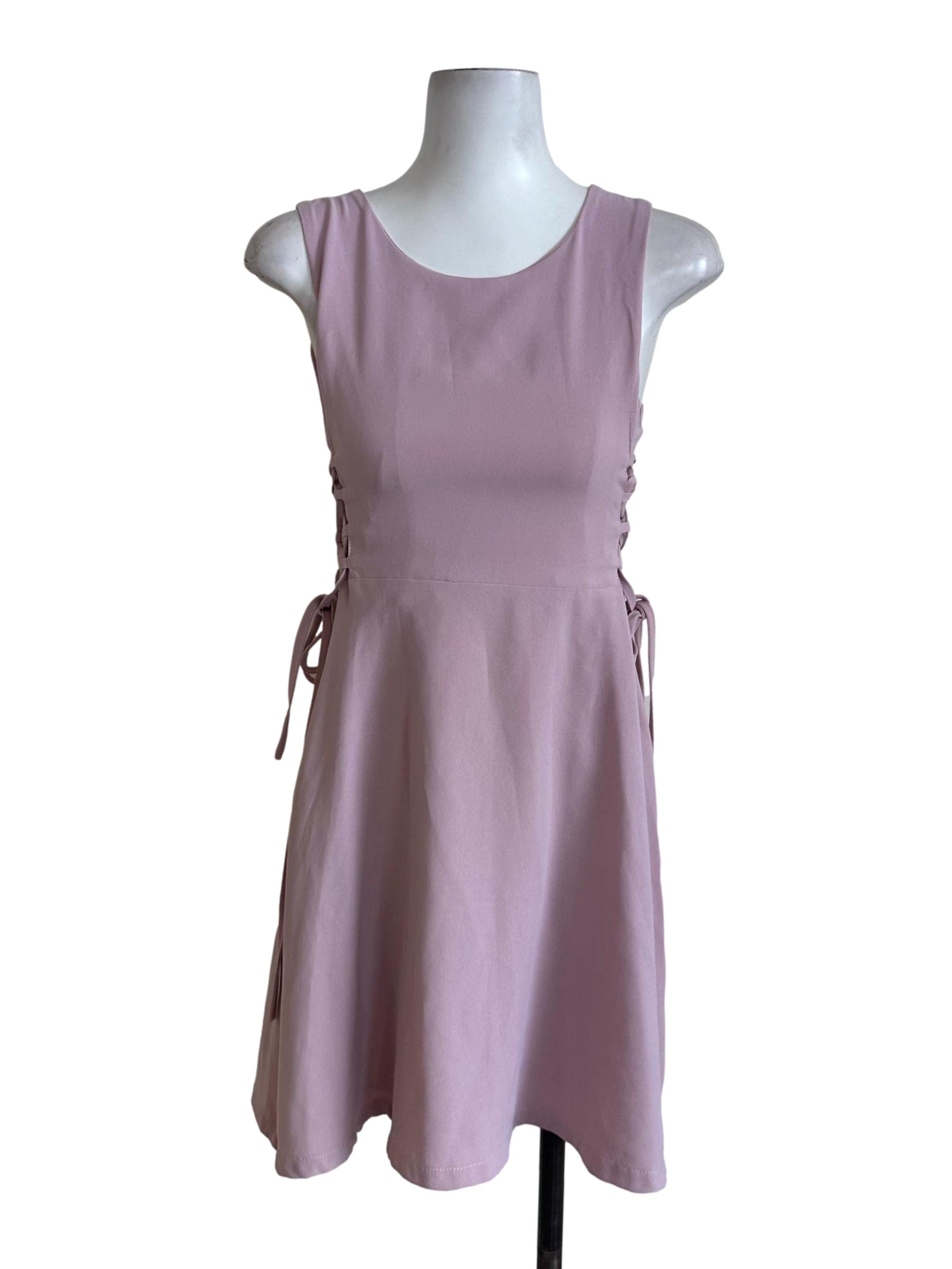 Dusty Pink Round Neck Side Tied Dress