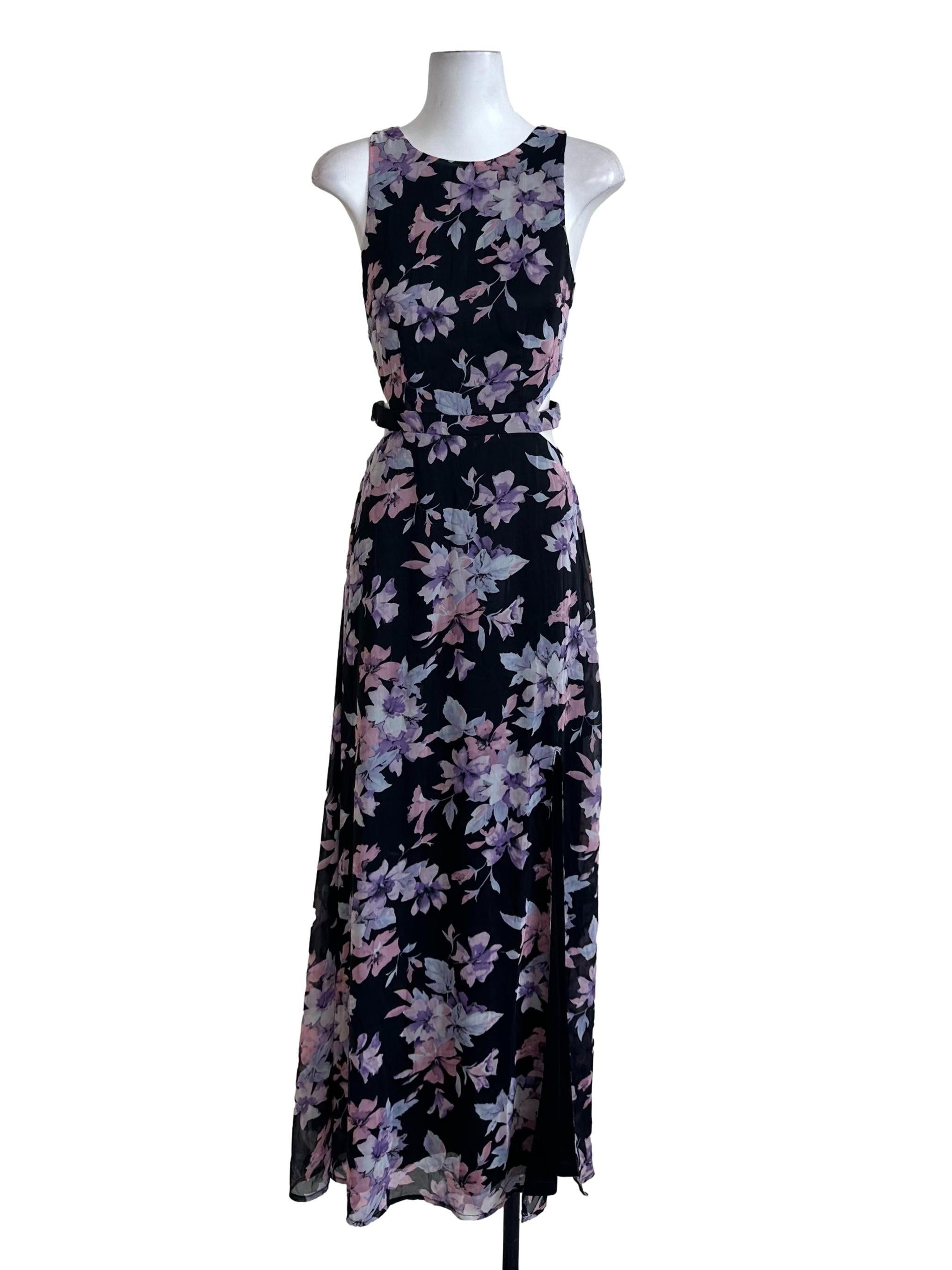 Raven Black Floral Pattern Slit Dress