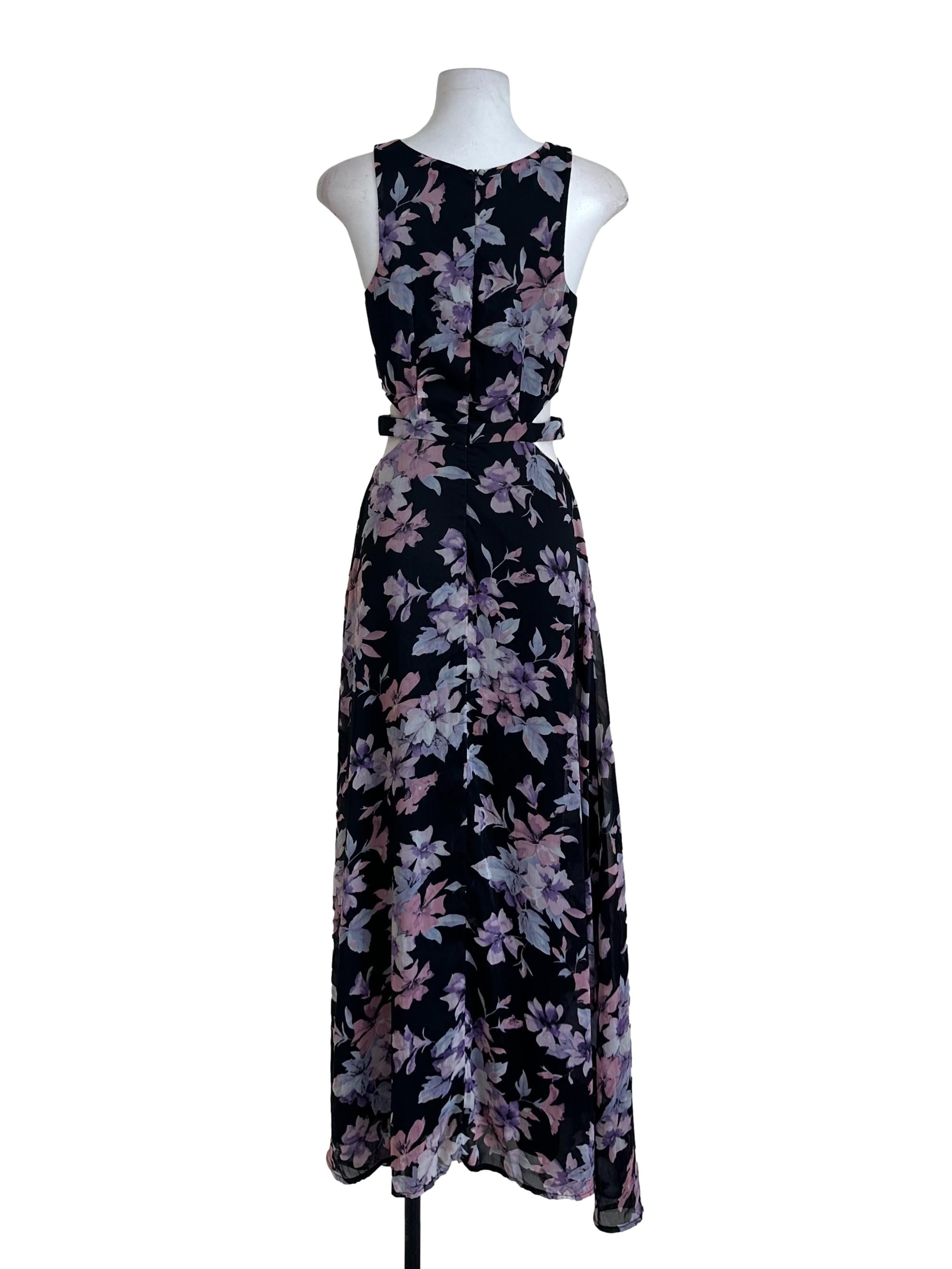 Raven Black Floral Pattern Slit Dress