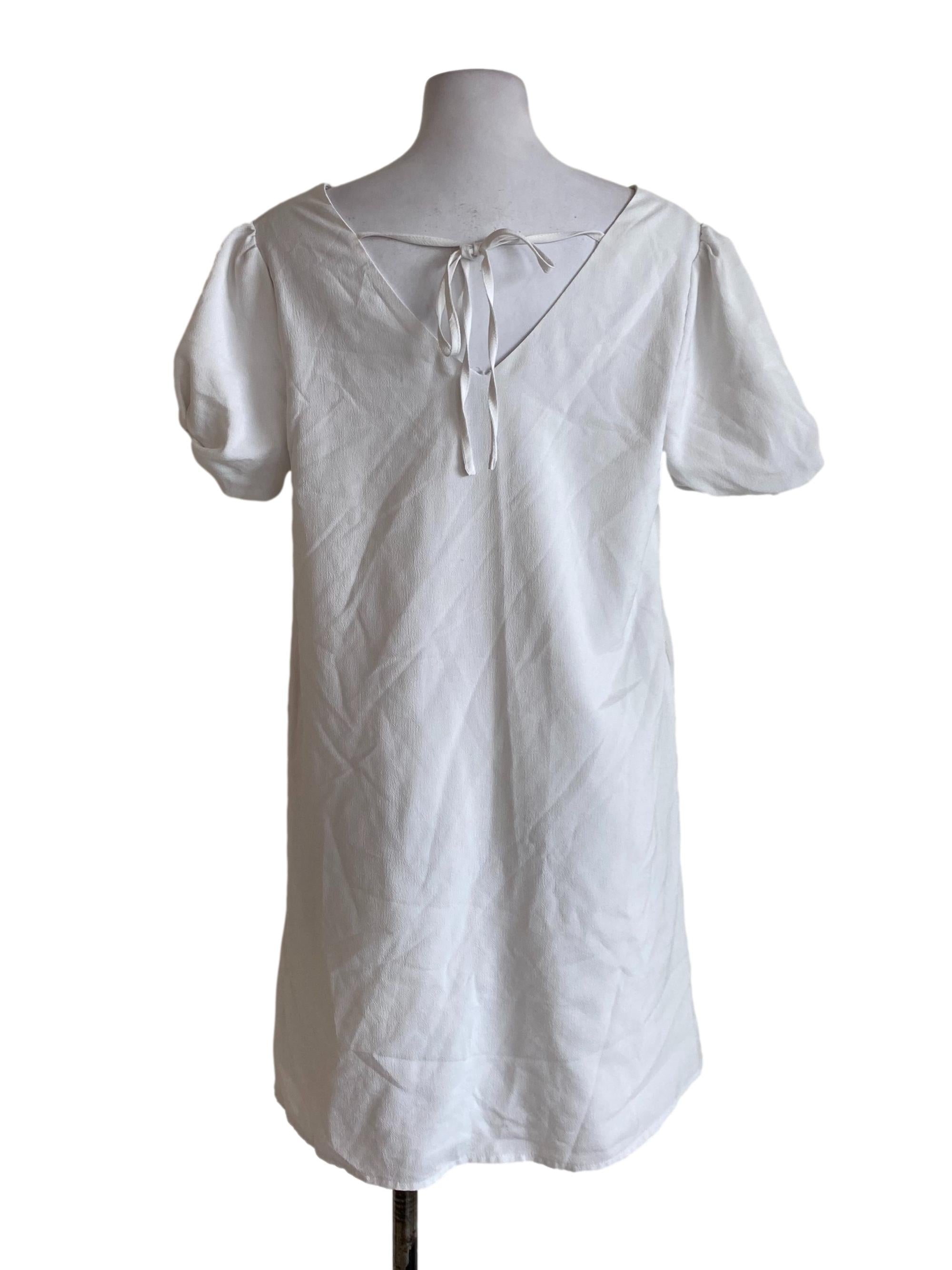 White V-Neck Short Puffed Sleeved Dress