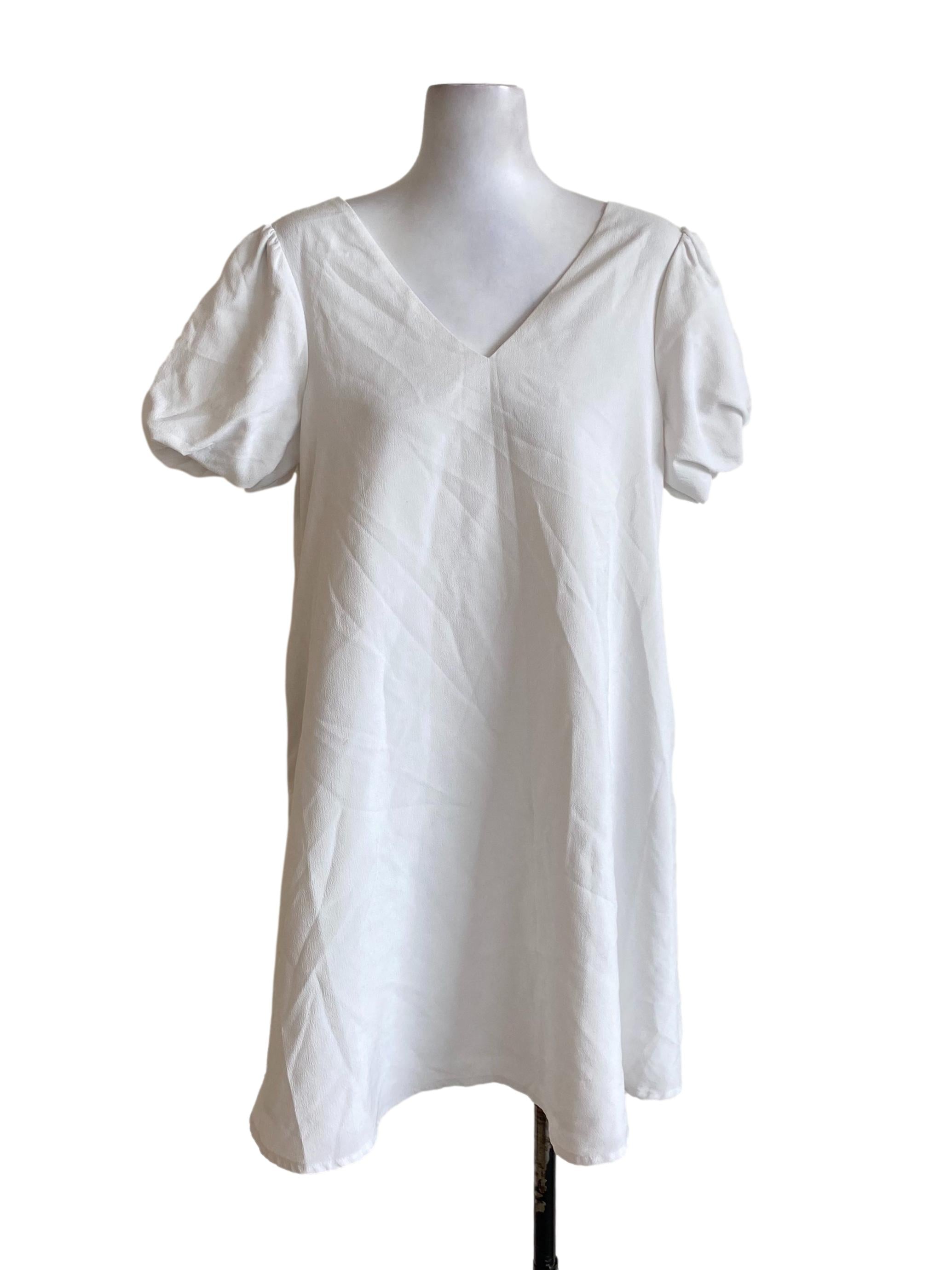 White V-Neck Short Puffed Sleeved Dress