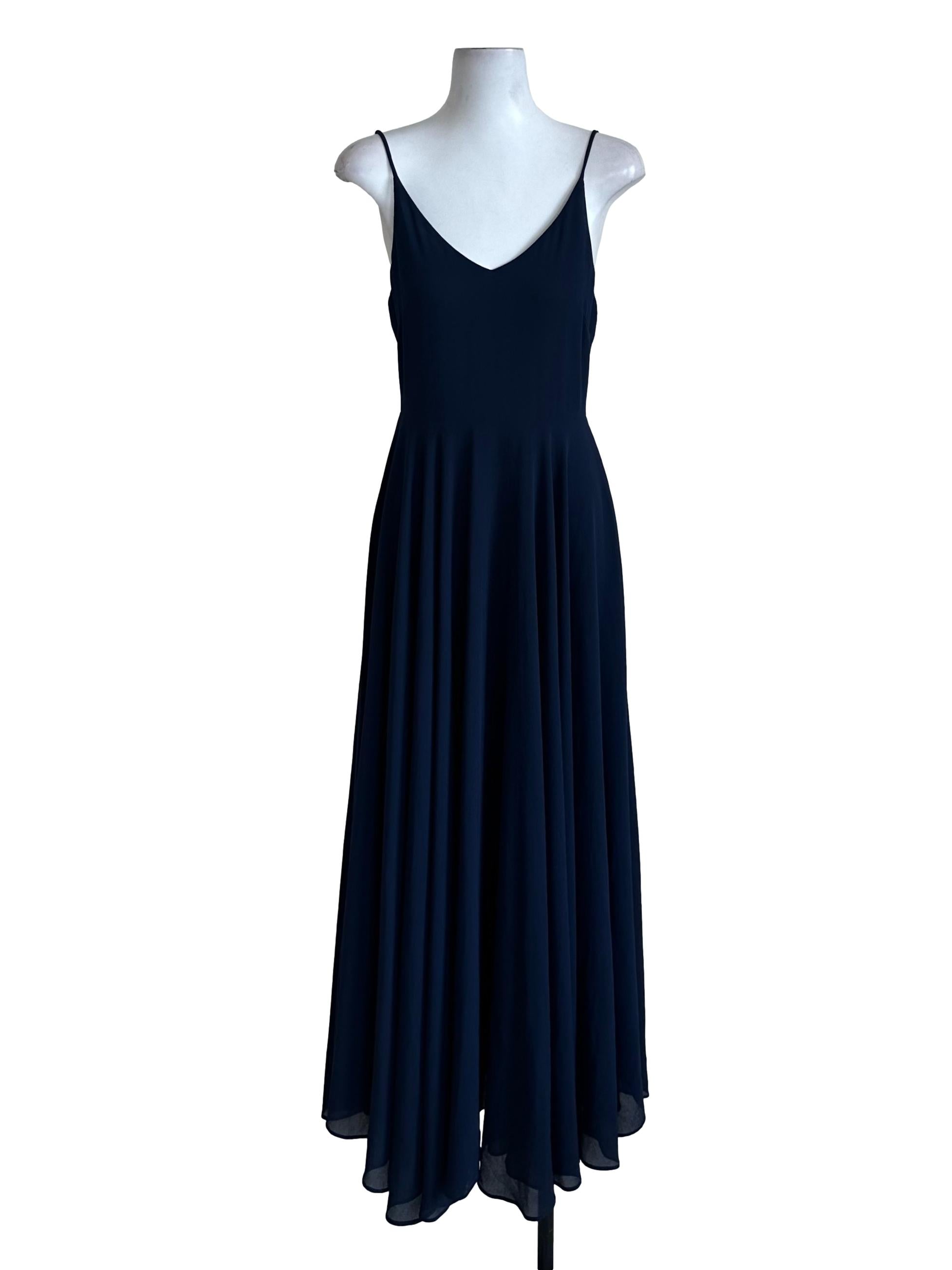 Navy Blue V Neck Chiffon Dress