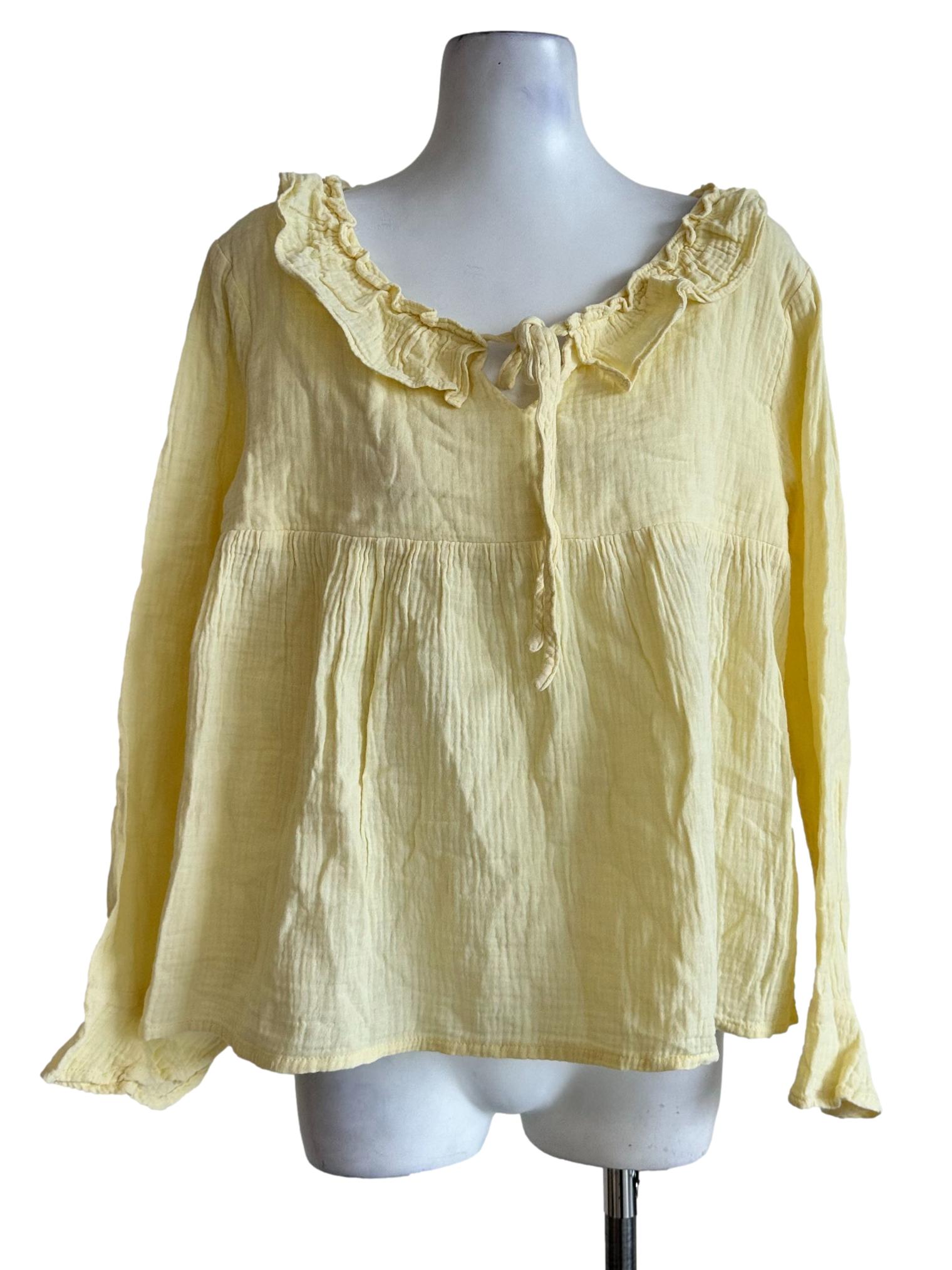 Lemon Yellow Cotton Long Sleeves Top