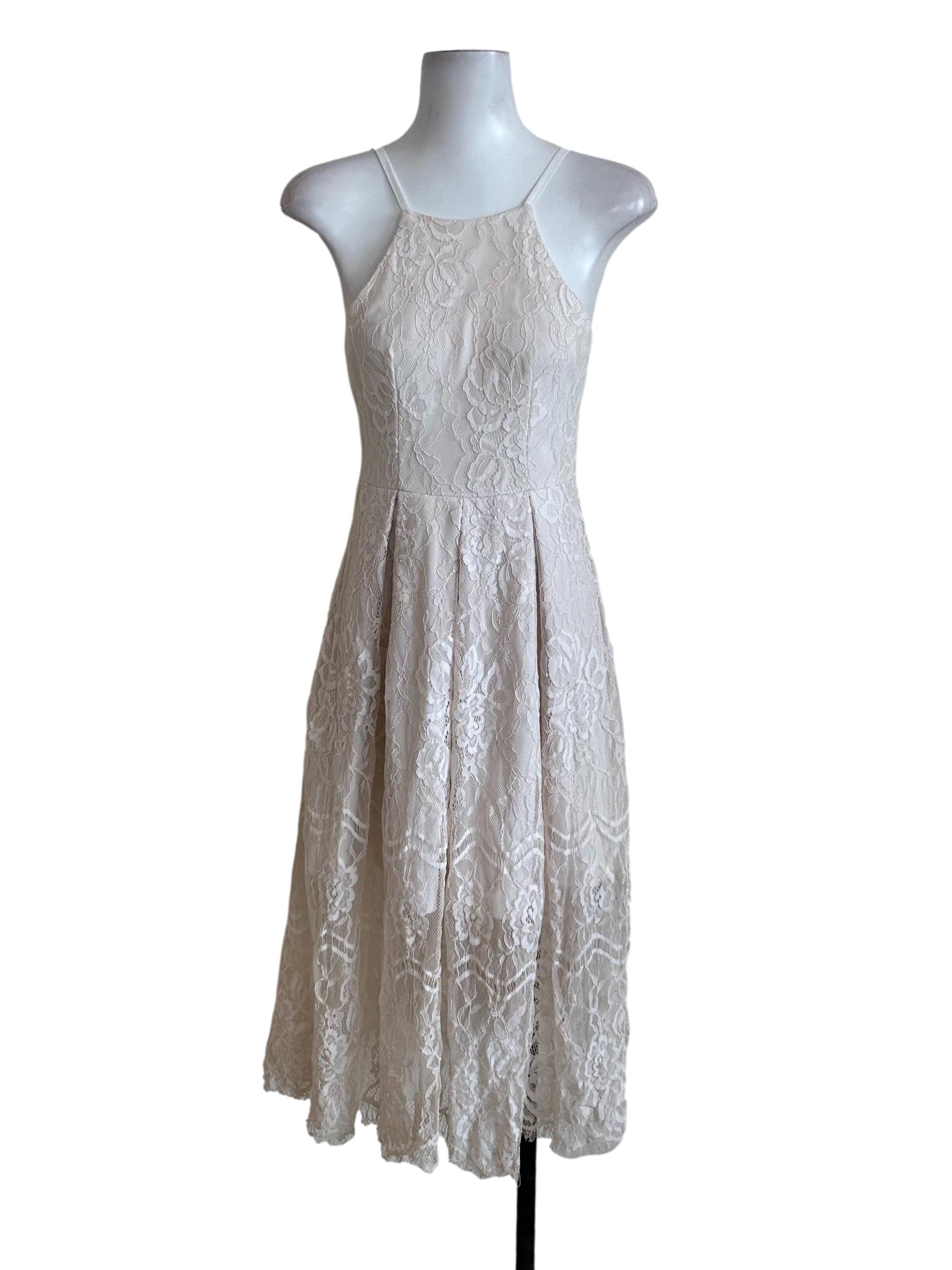 White Beige Lace Halter Dress