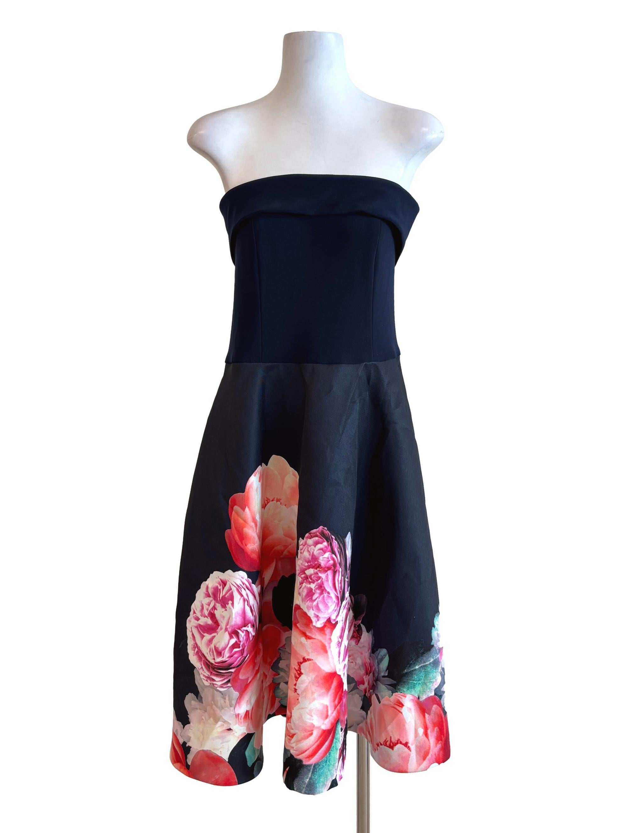 Blue Black Strapless Floral A-Line Dress