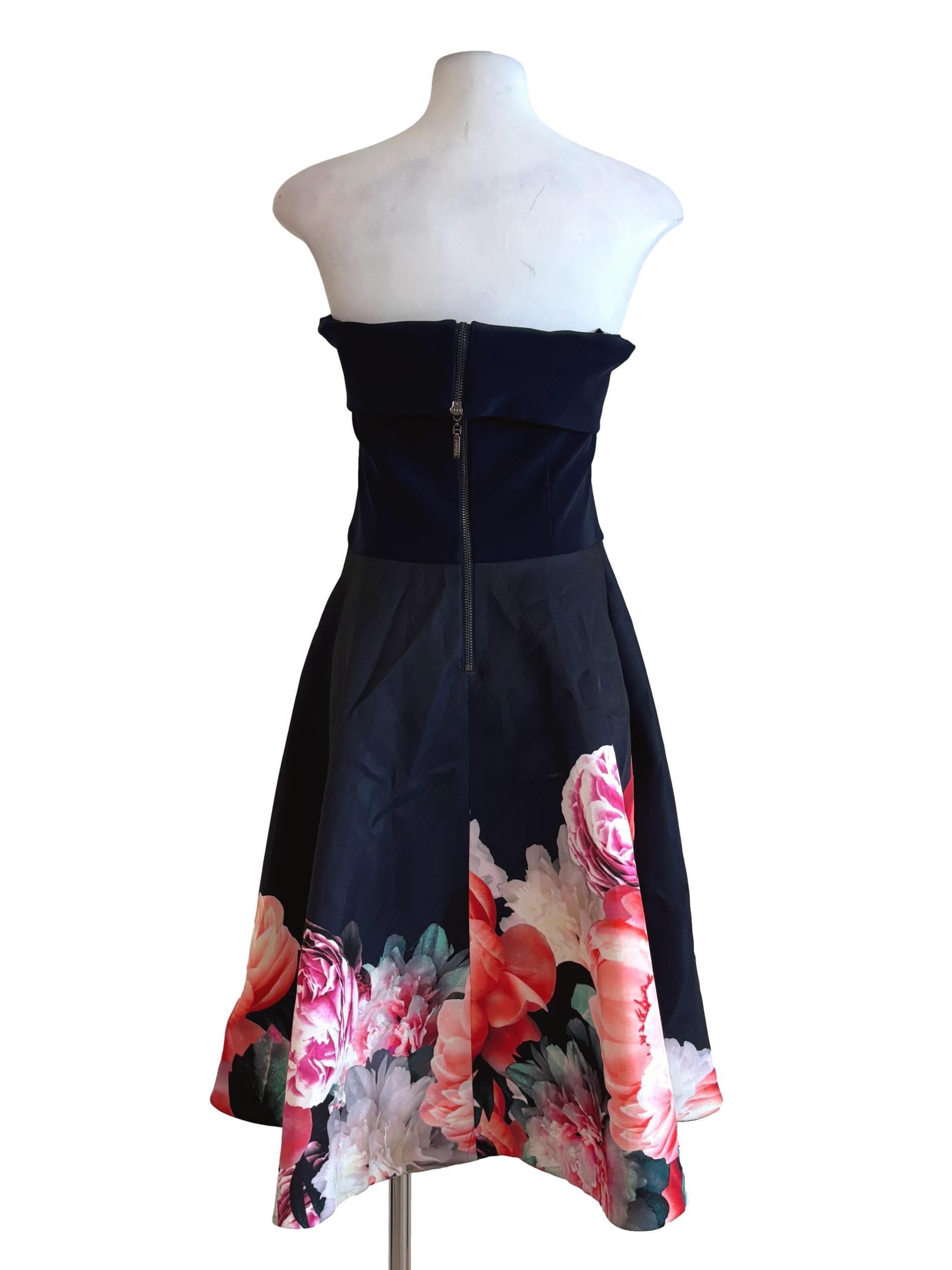 Blue Black Strapless Floral A-Line Dress