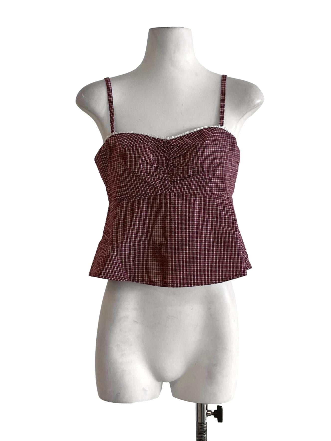 Wine Red Shepherd'S Check Sleeveless Top