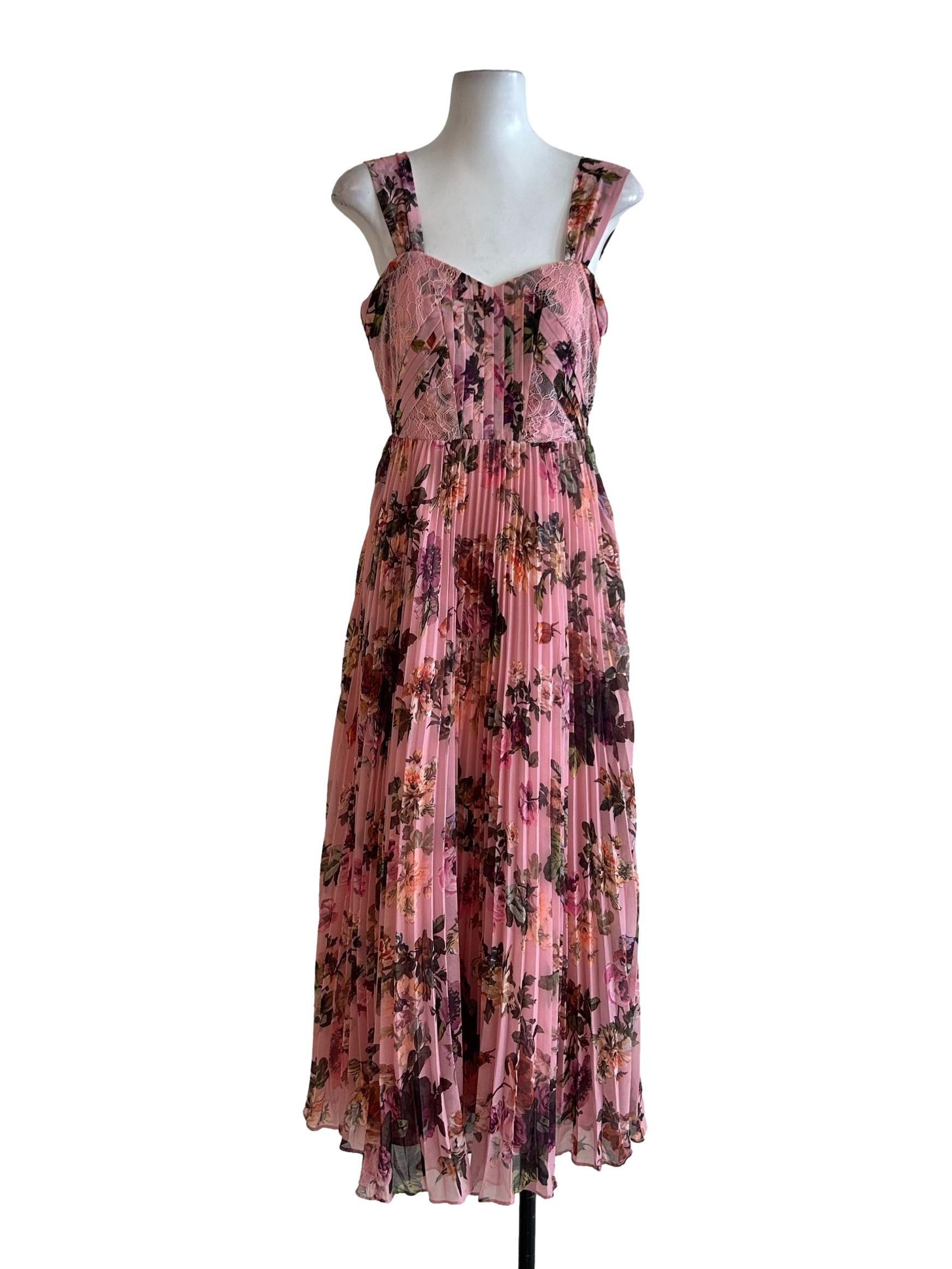 Pink Floral Pleated Dress