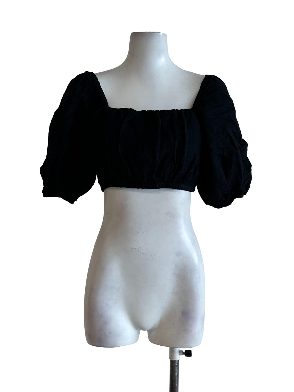 Black Linen Shoulder Puff Blouse
