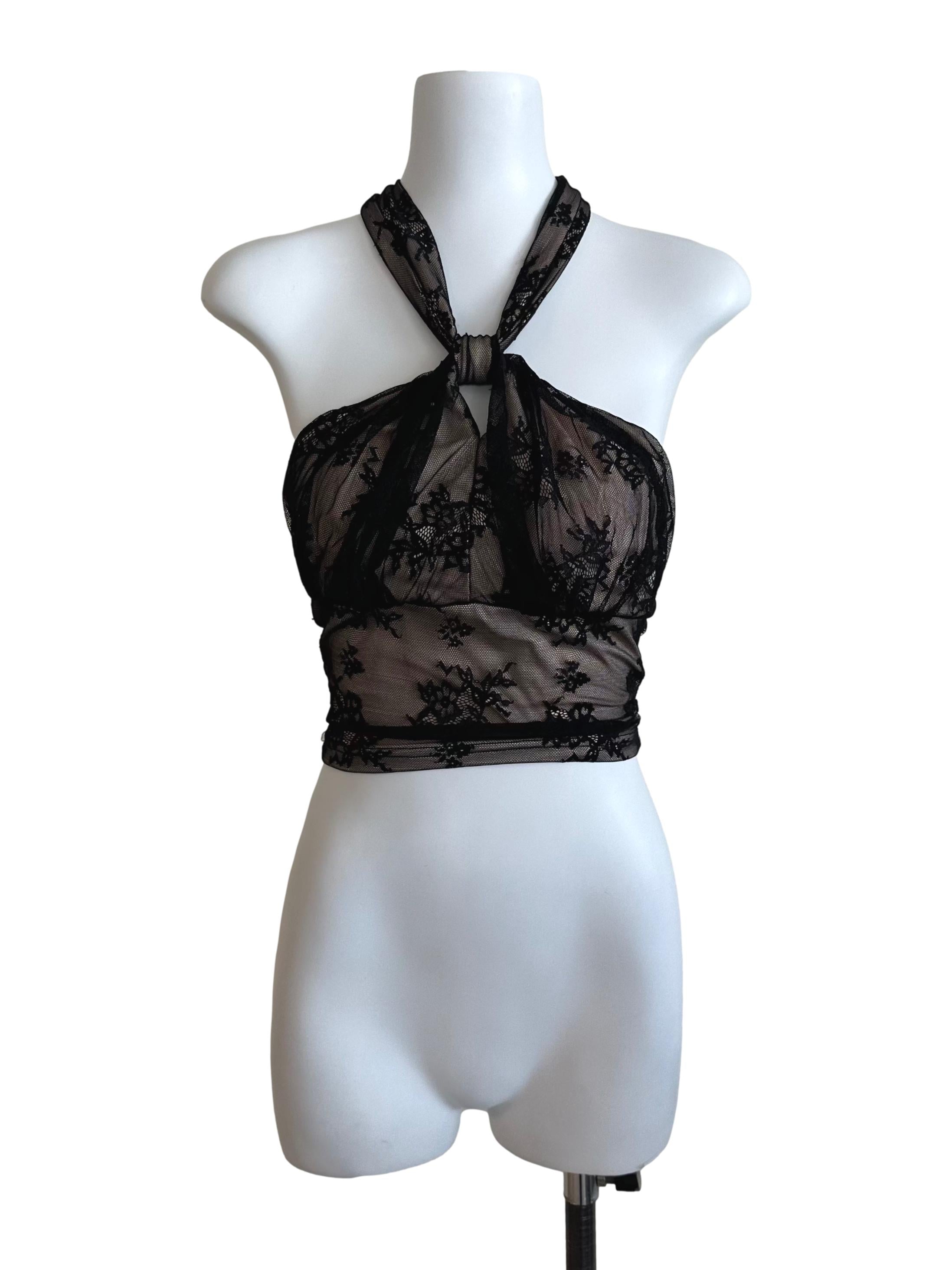 Black Beige Lace Halter Top