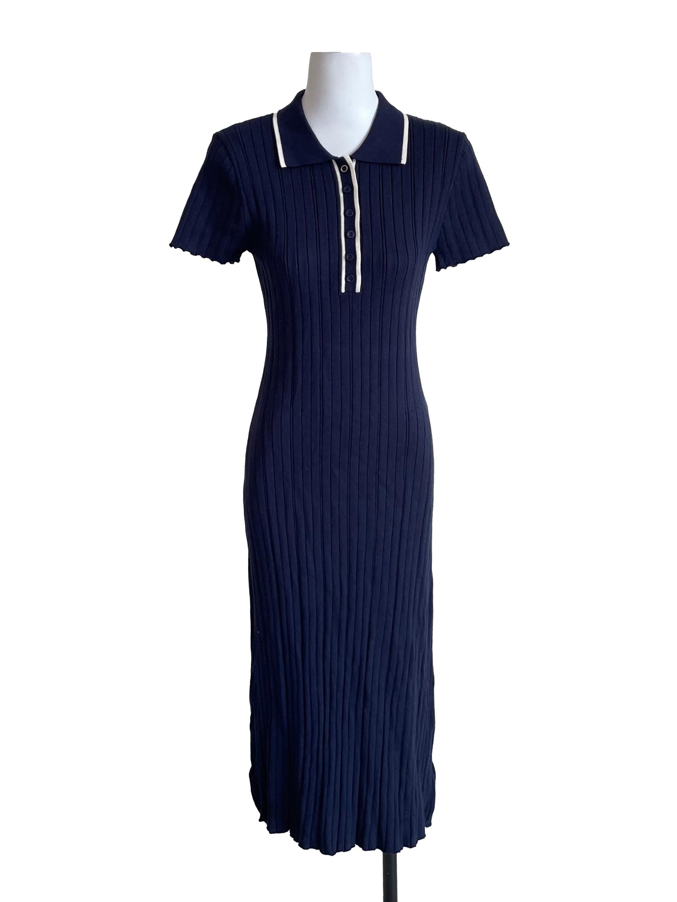Navy Blue Ribbed Knit Polo Dress