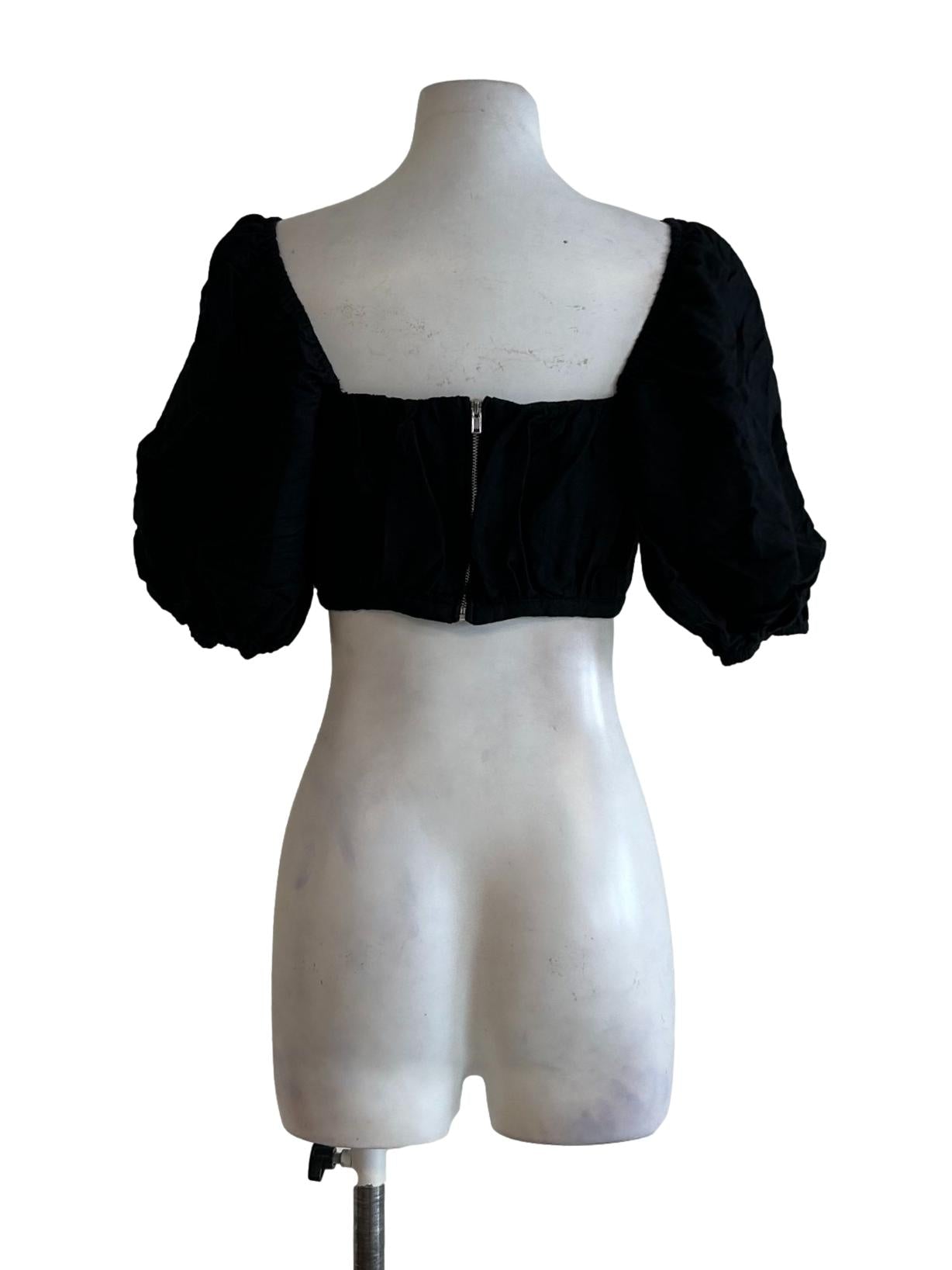 Black Linen Shoulder Puff Blouse