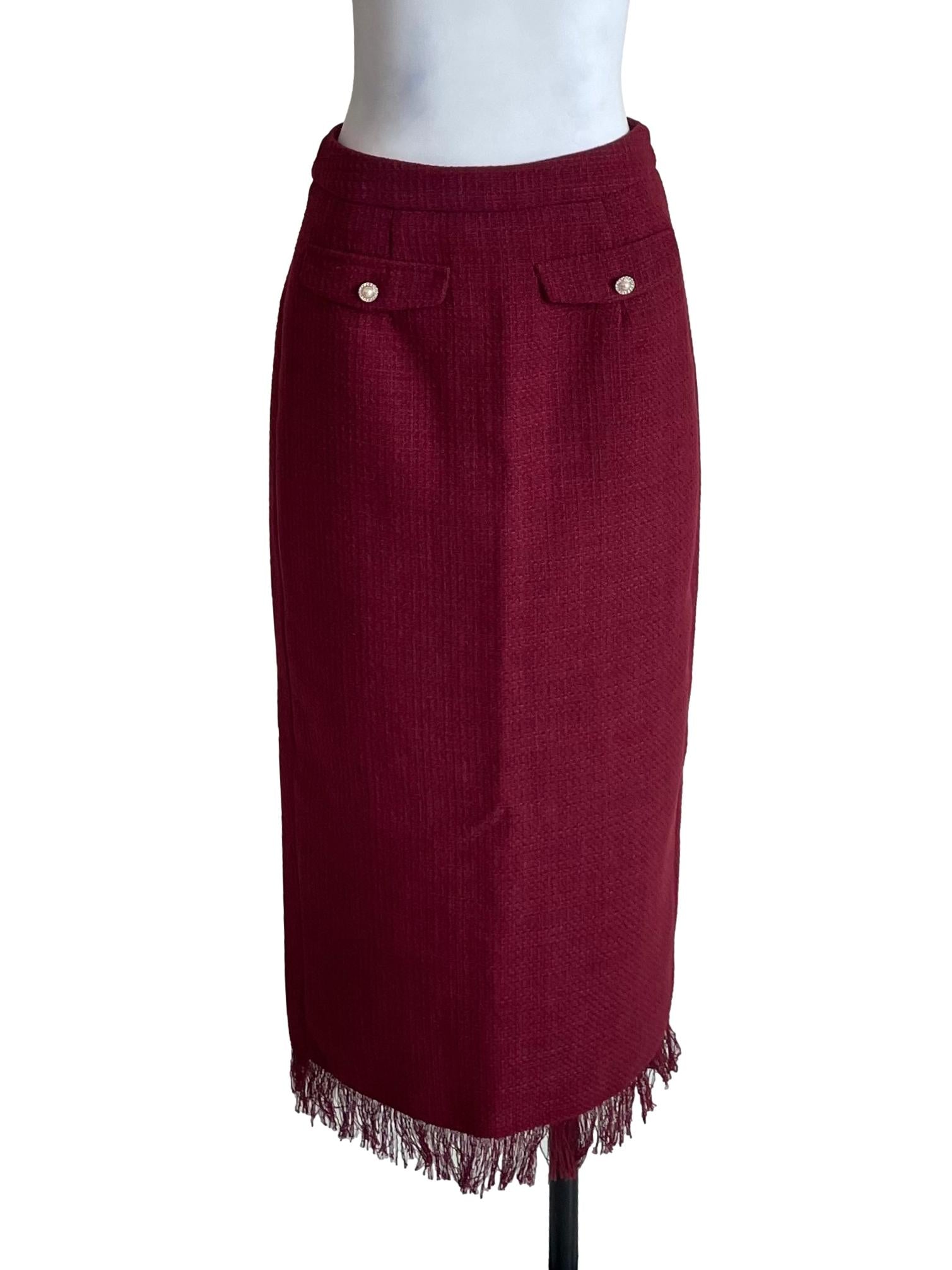 Berry Red Tassel Tweed Pencil Skirt