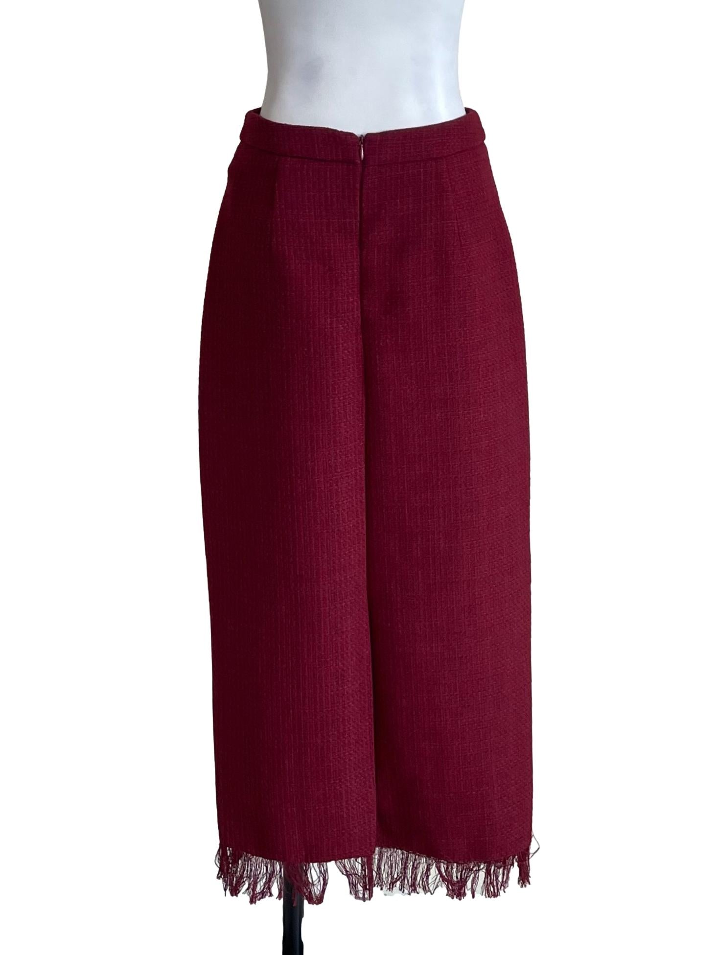 Berry Red Tassel Tweed Pencil Skirt