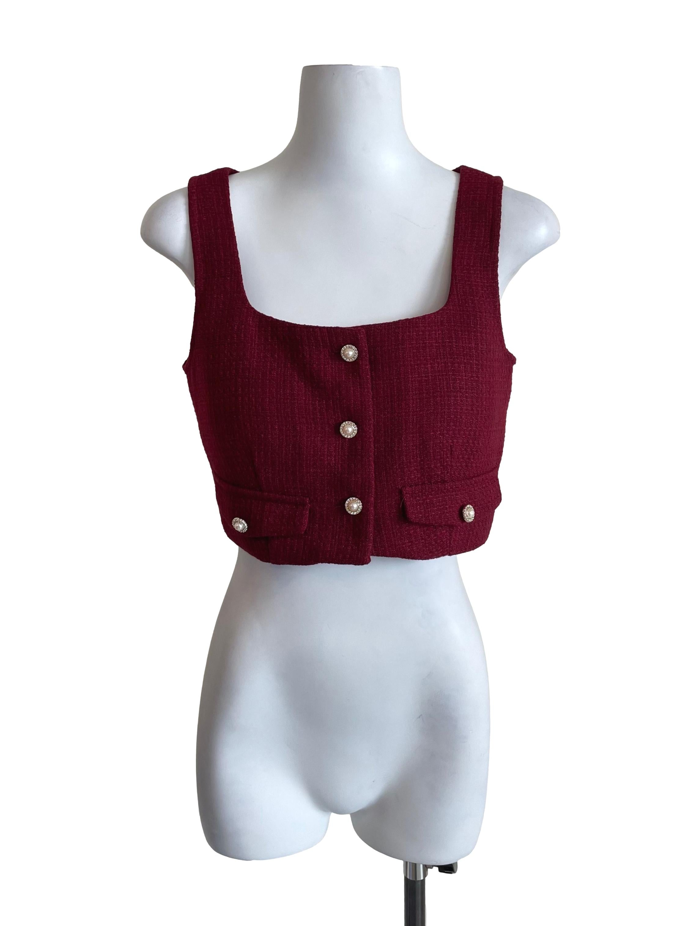 Cherry Red Pearl Detail Tweed Crop Top