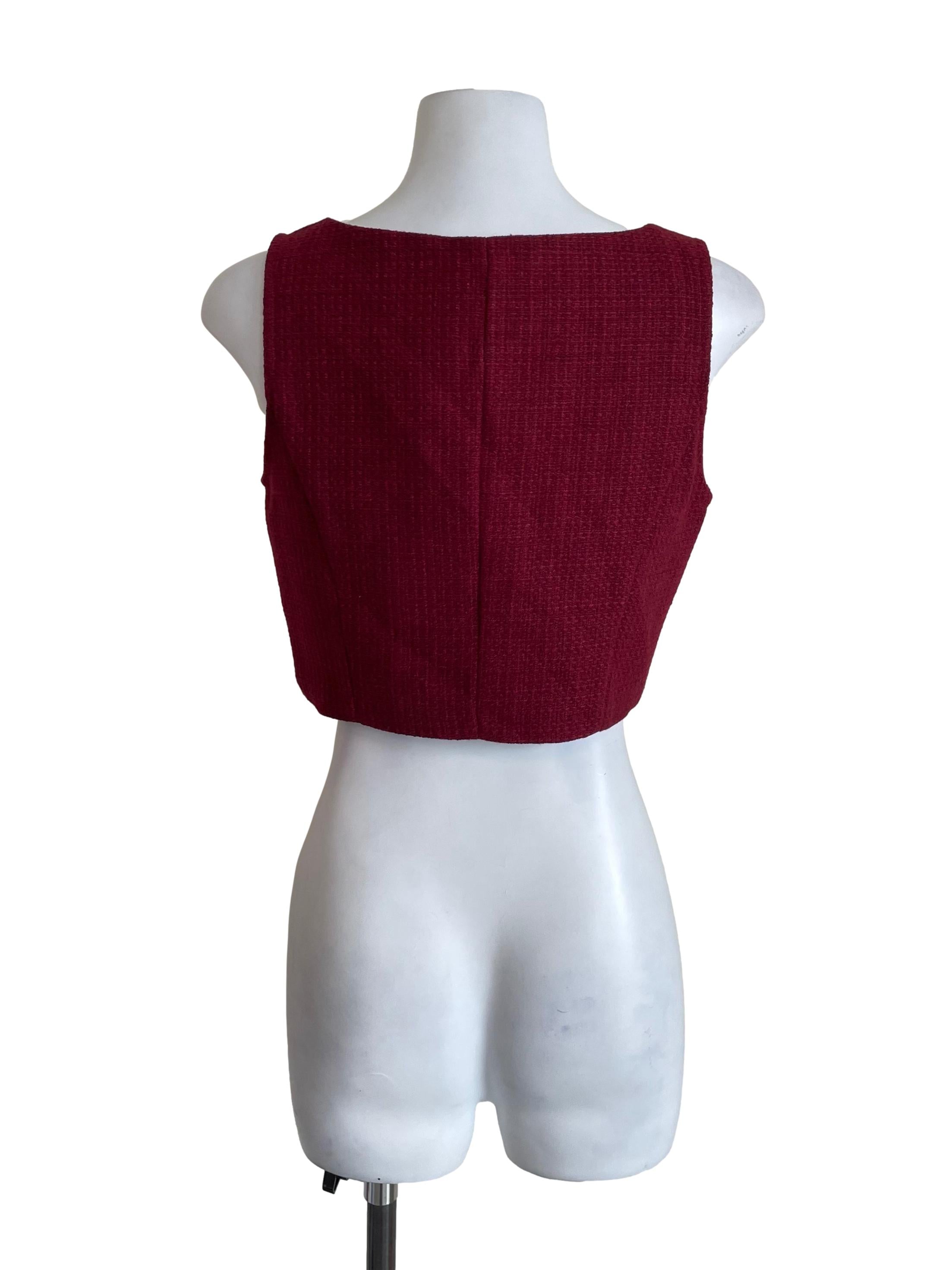 Cherry Red Pearl Detail Tweed Crop Top