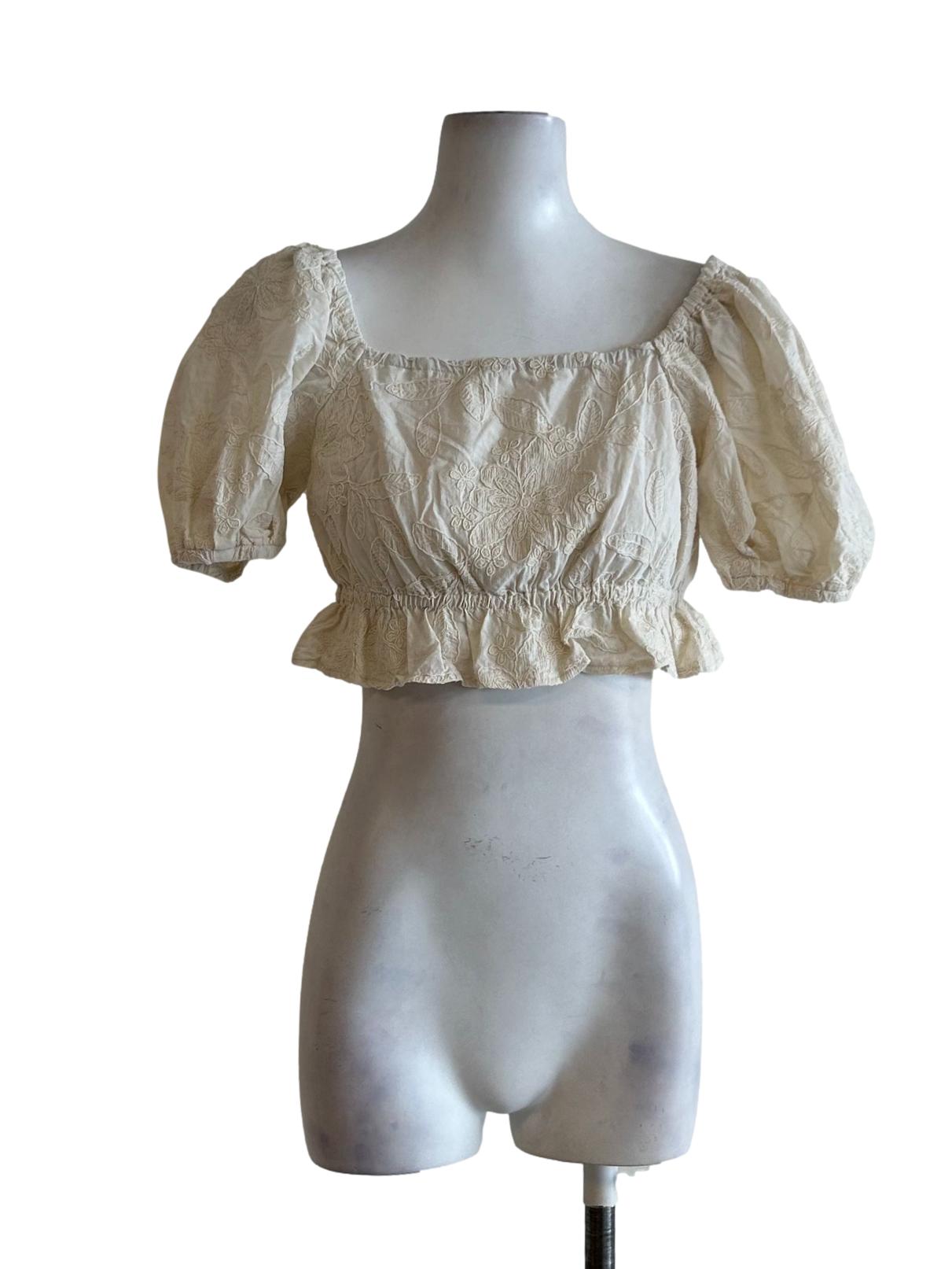 Linen White Embroidered Puff Shoulder Top