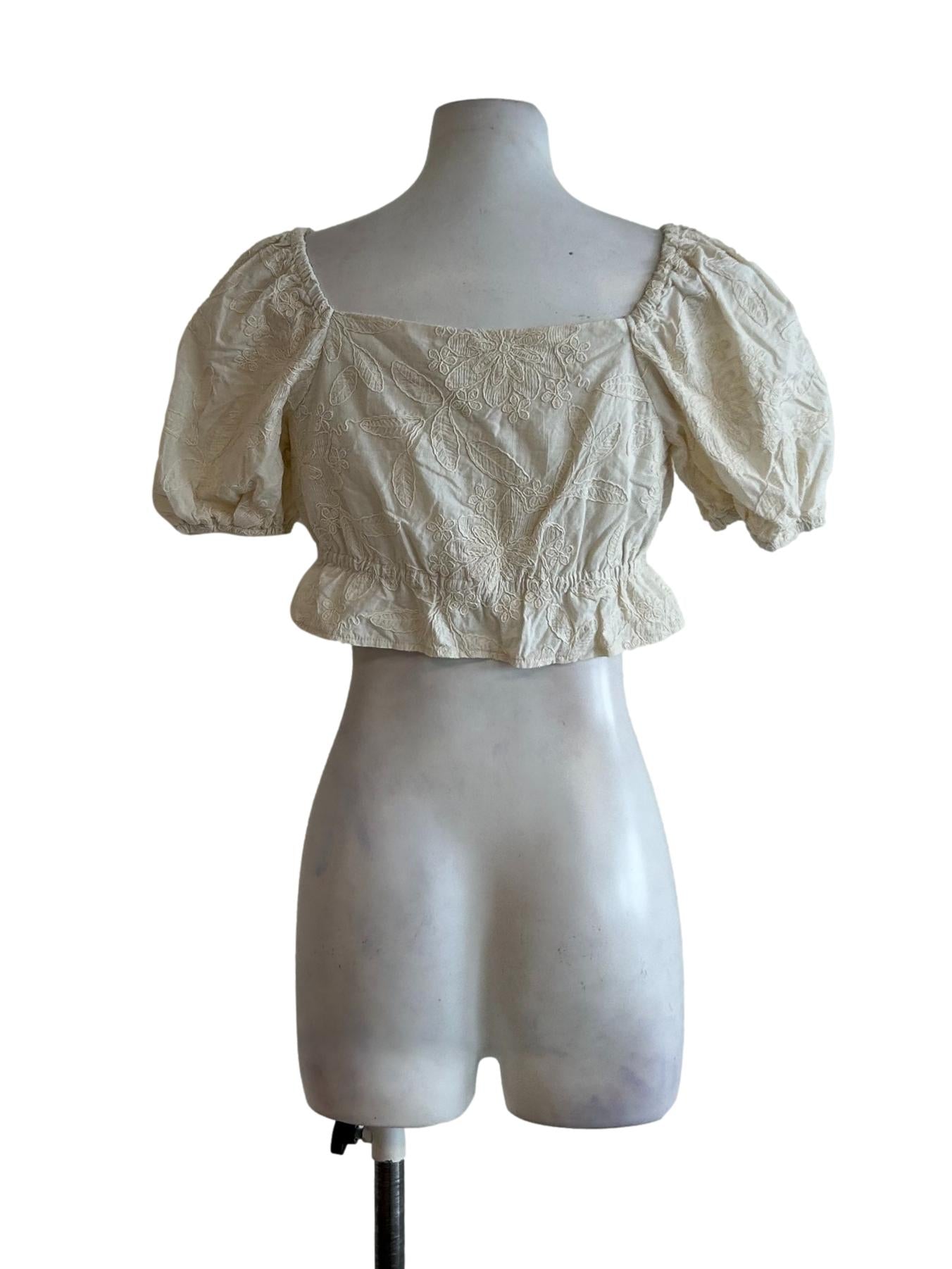 Linen White Embroidered Puff Shoulder Top