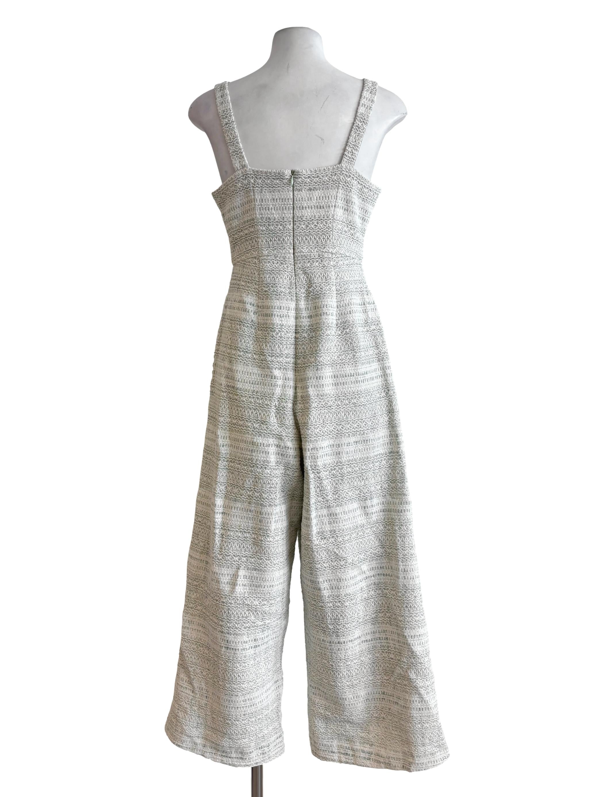 White Green Apron Neck Tweed Jumpsuit