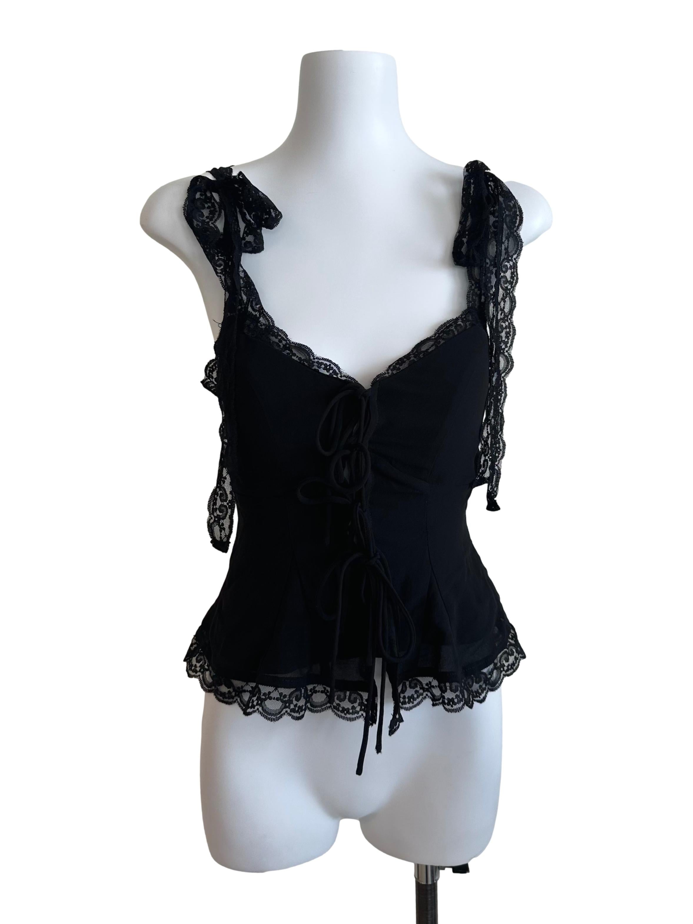 Raven Black Lace V Neck Front Tie Top