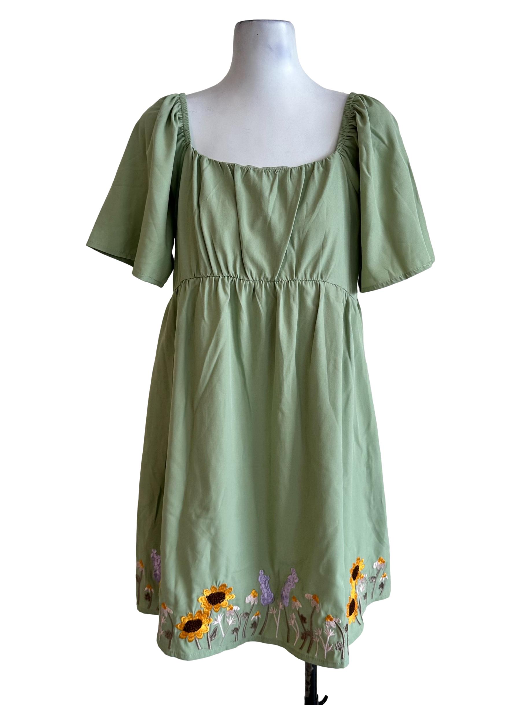 Pear Green Flower Embroidered Dress