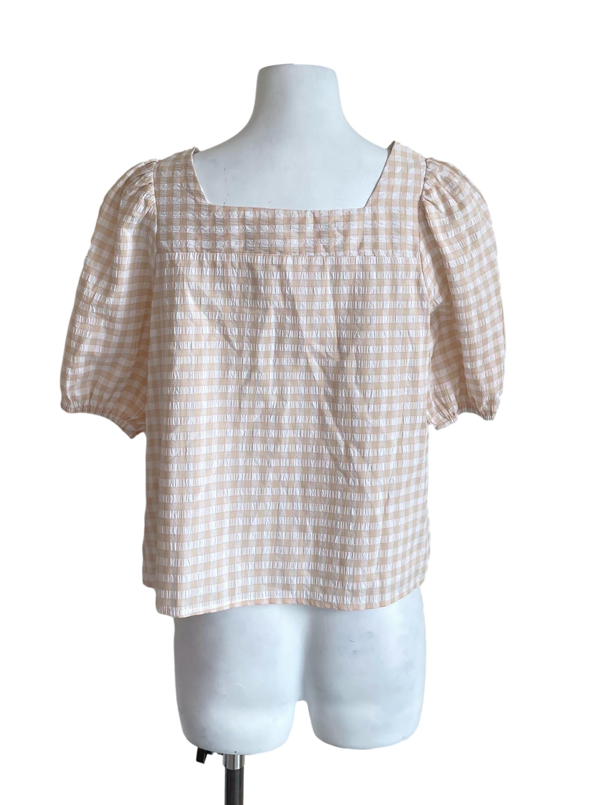 Parchment Gingham Puff Sleeves Square Top