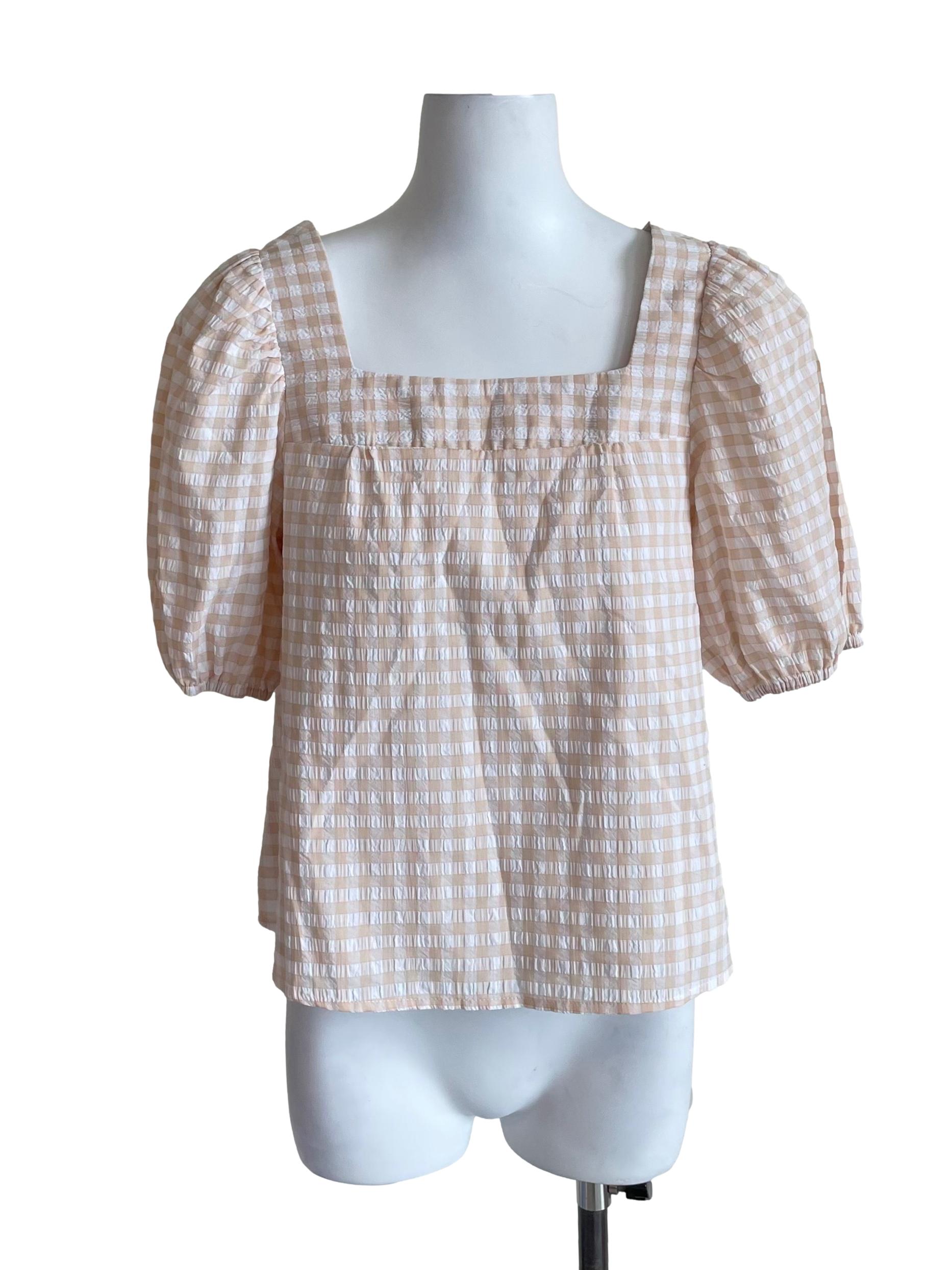 Parchment Gingham Puff Sleeves Square Top