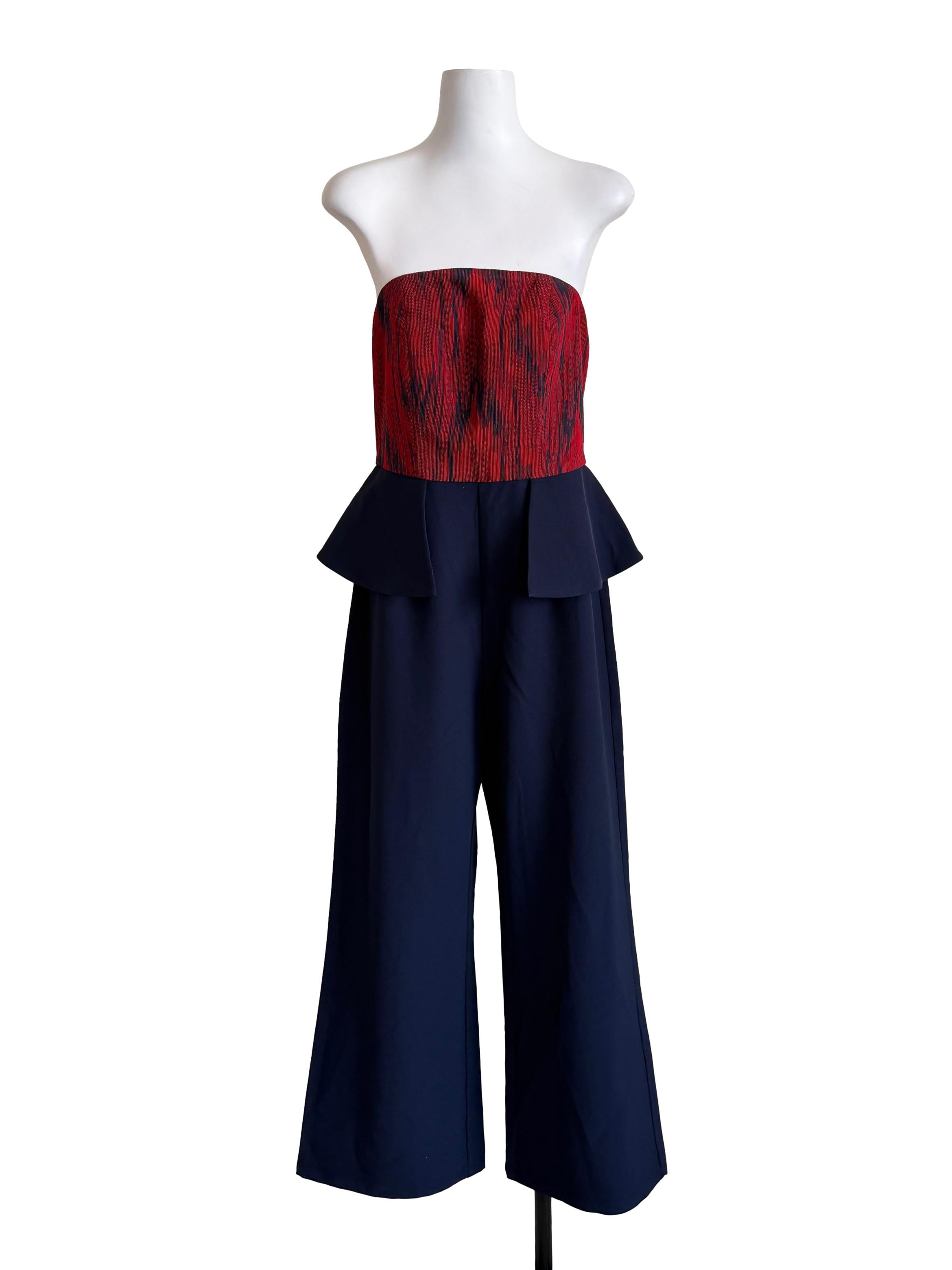 Blue And Red Strapless Peplum Jumpsuit