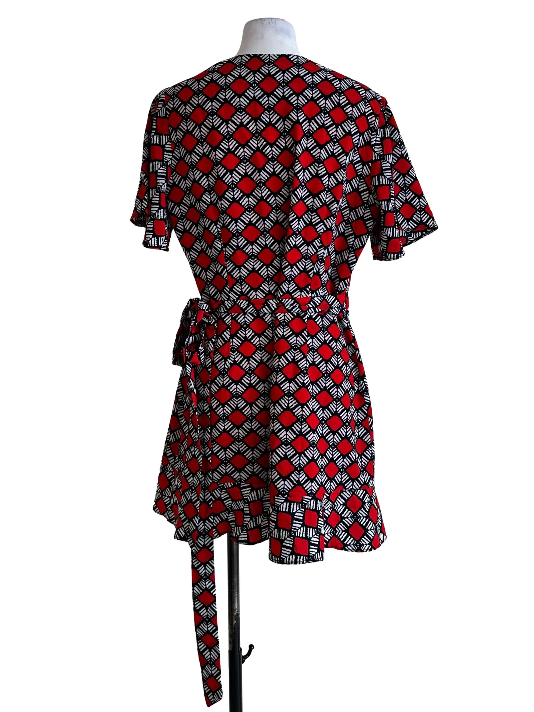 Red Abstract Pattern V Neckline Dress