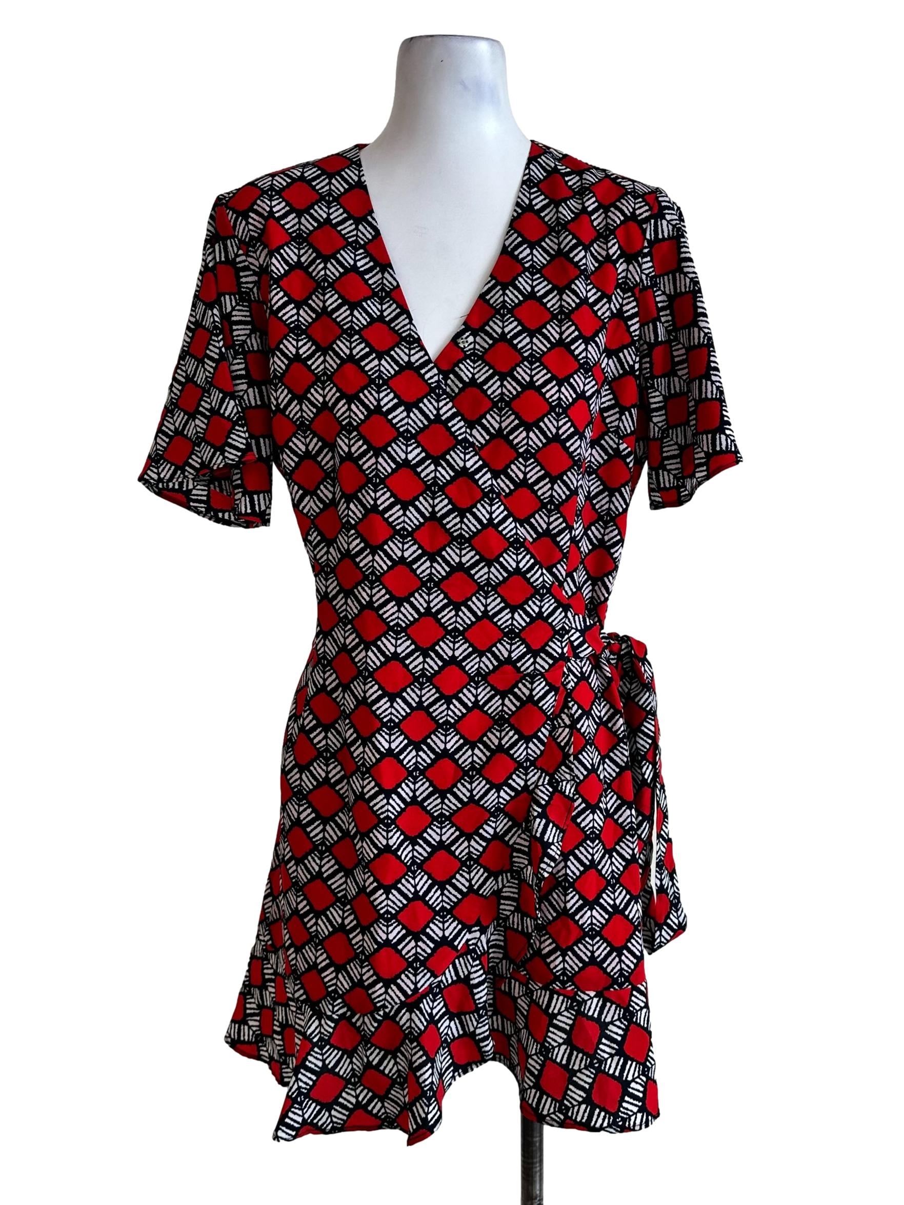 Red Abstract Pattern V Neckline Dress