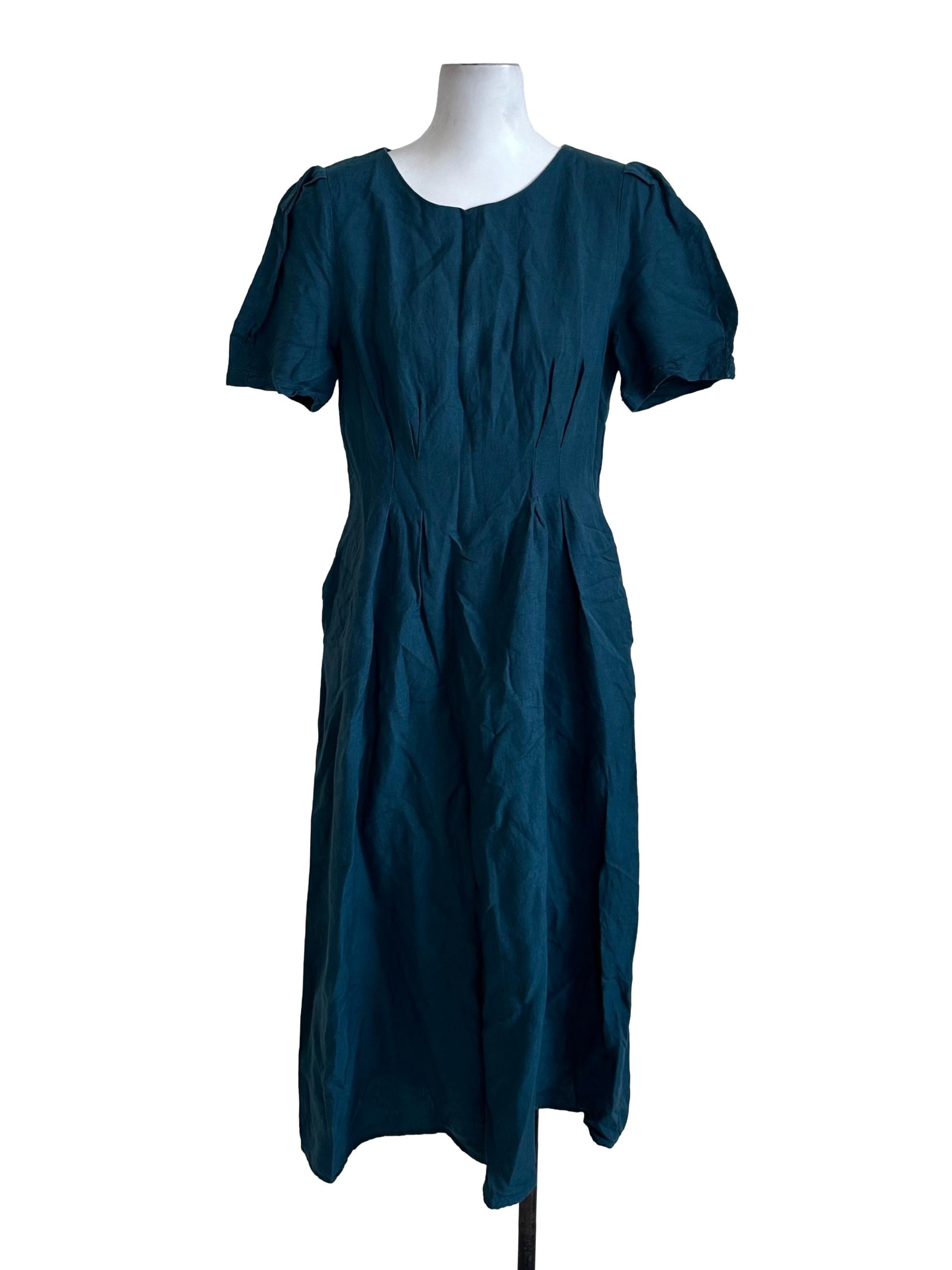 Teal Blue Round Neck Puff Sleeve Dress