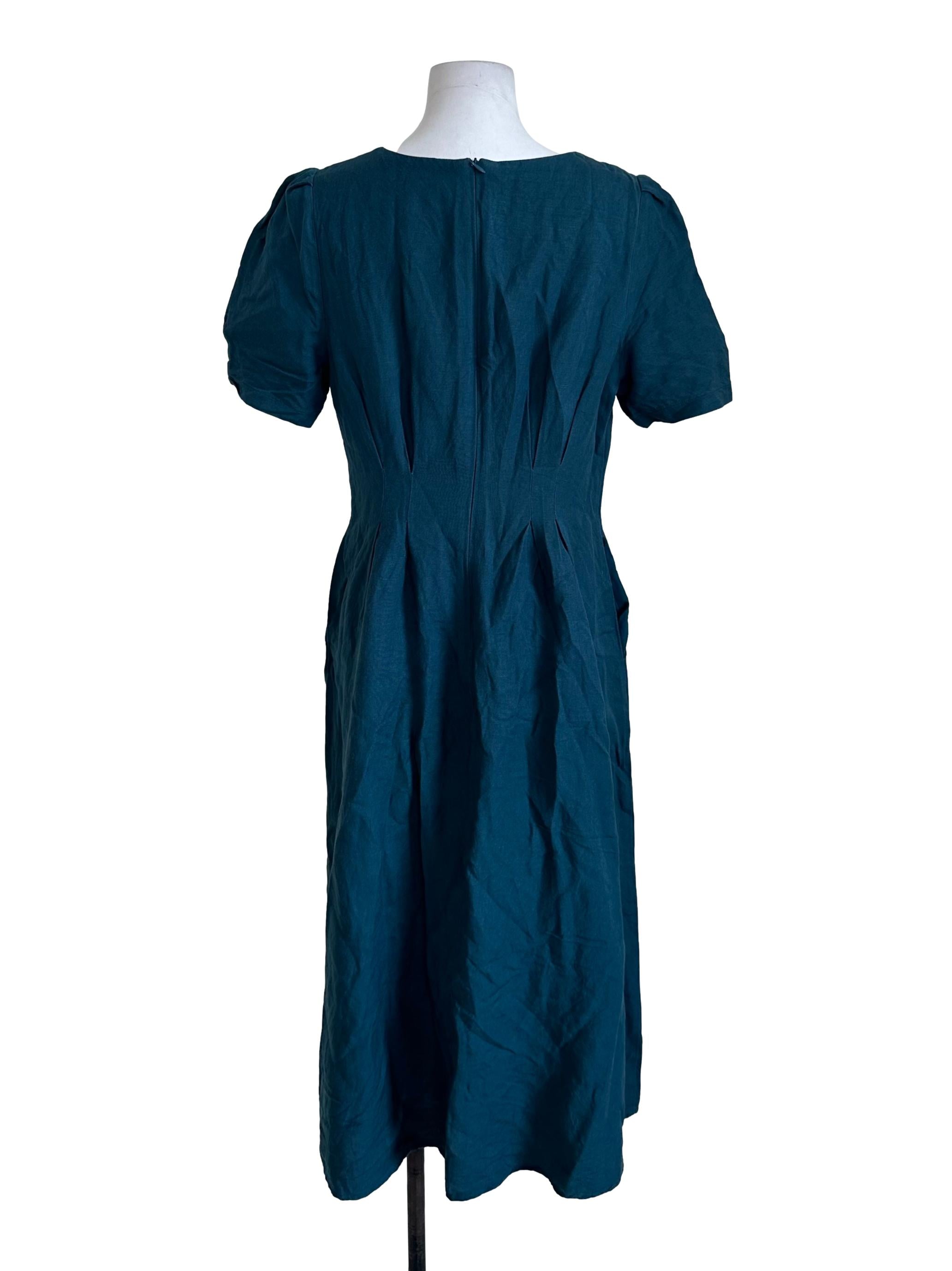 Teal Blue Round Neck Puff Sleeve Dress