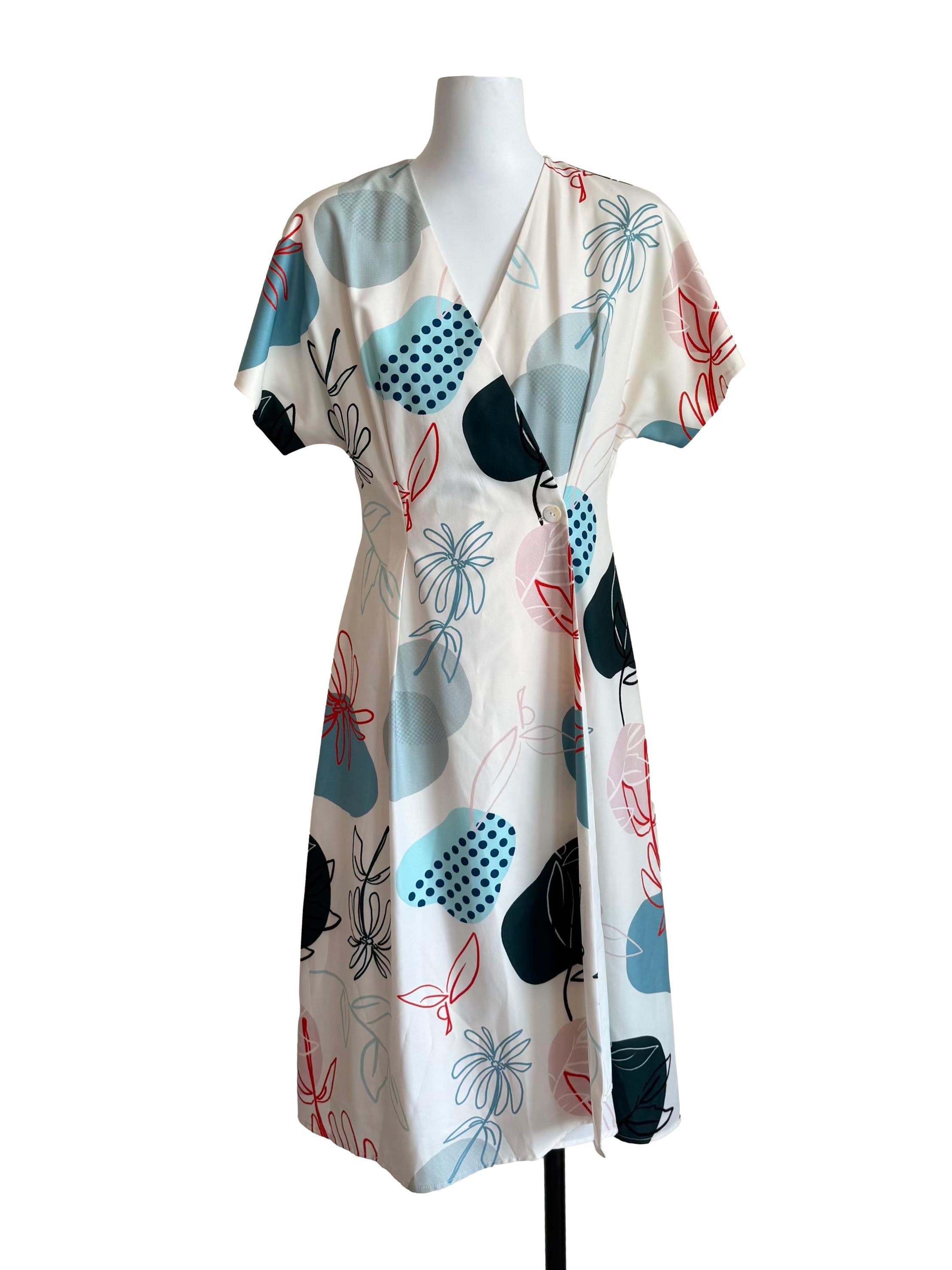 White Abstract Floral Print Wrap Dress