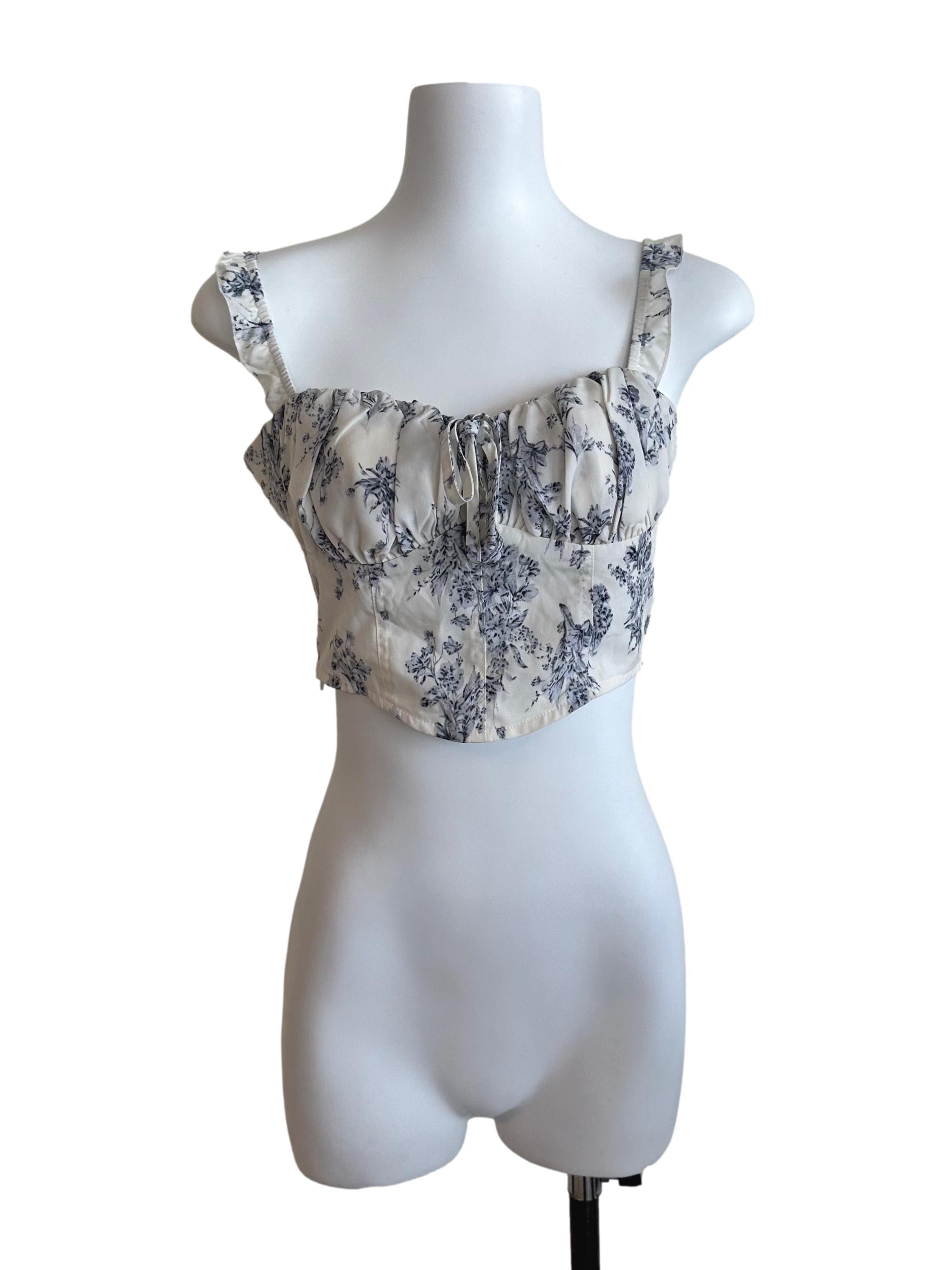 Blue Cream Floral Ruched Back Tie Crop Top